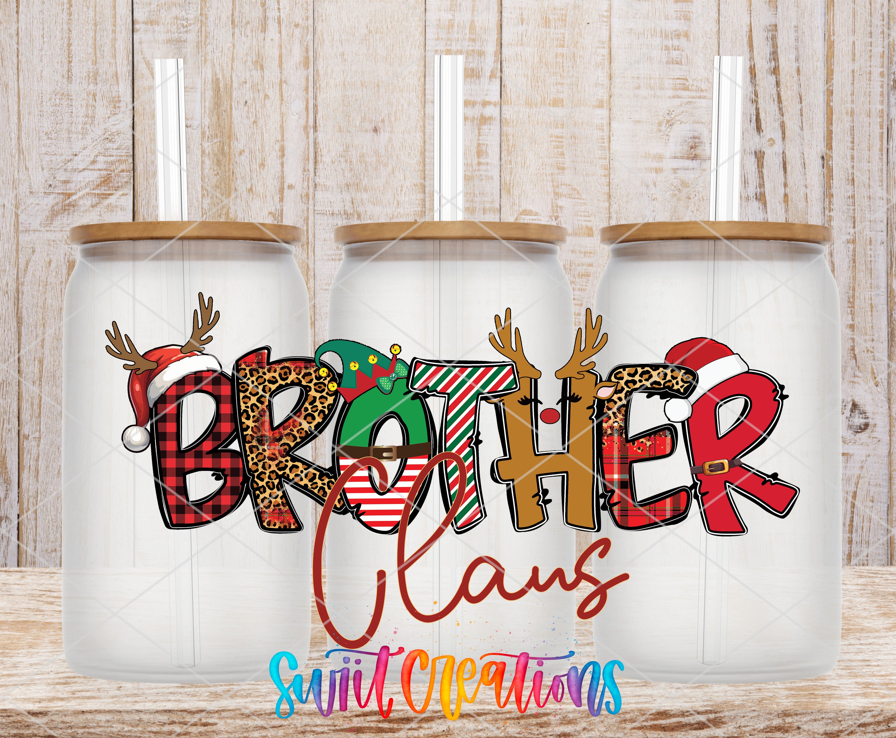 Three glass tumblers with the word "BROTHER" written on them in a colorful, festive font.