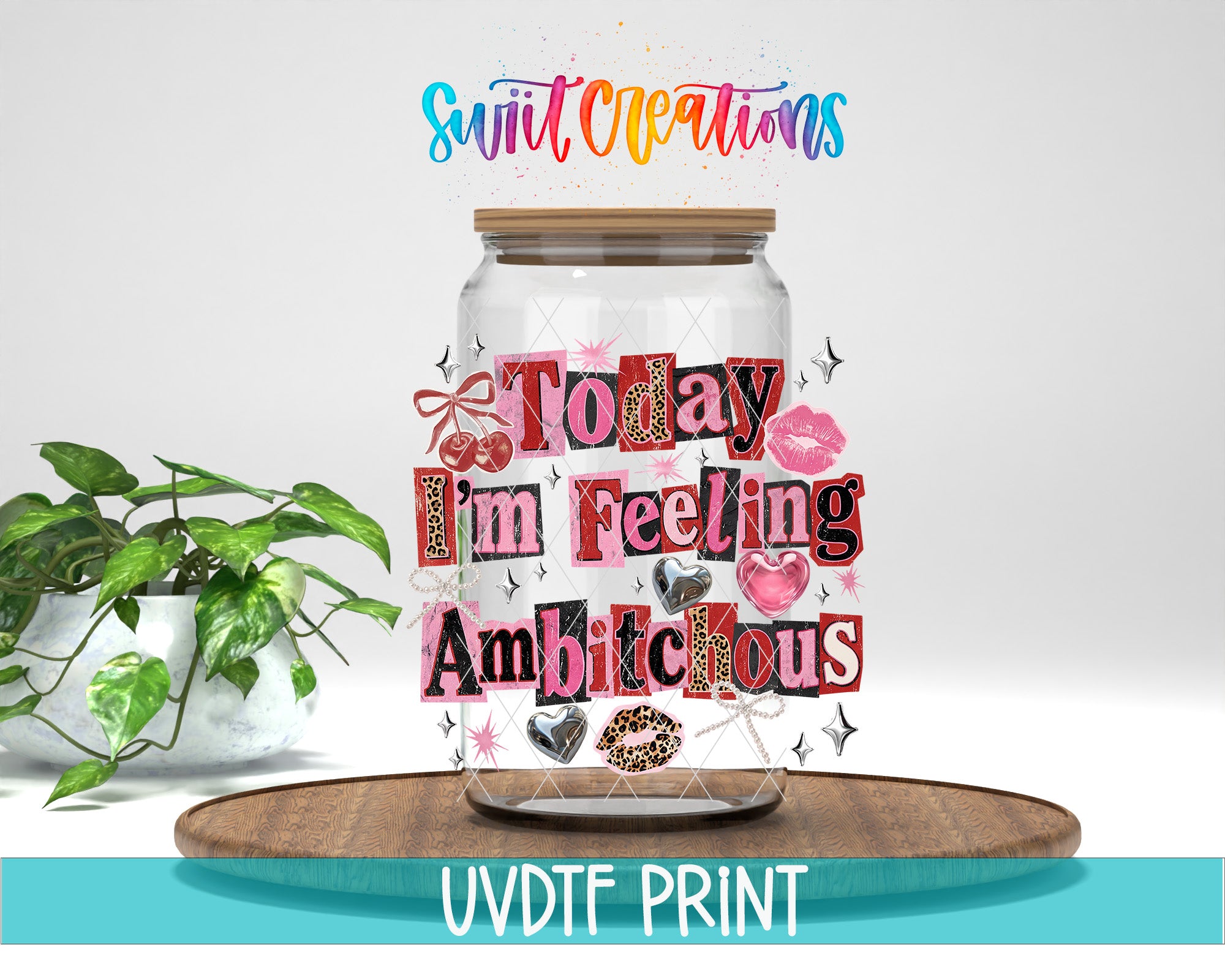 a glass jar with a lid, decorated with various colorful text and images, placed on a wooden surface.
