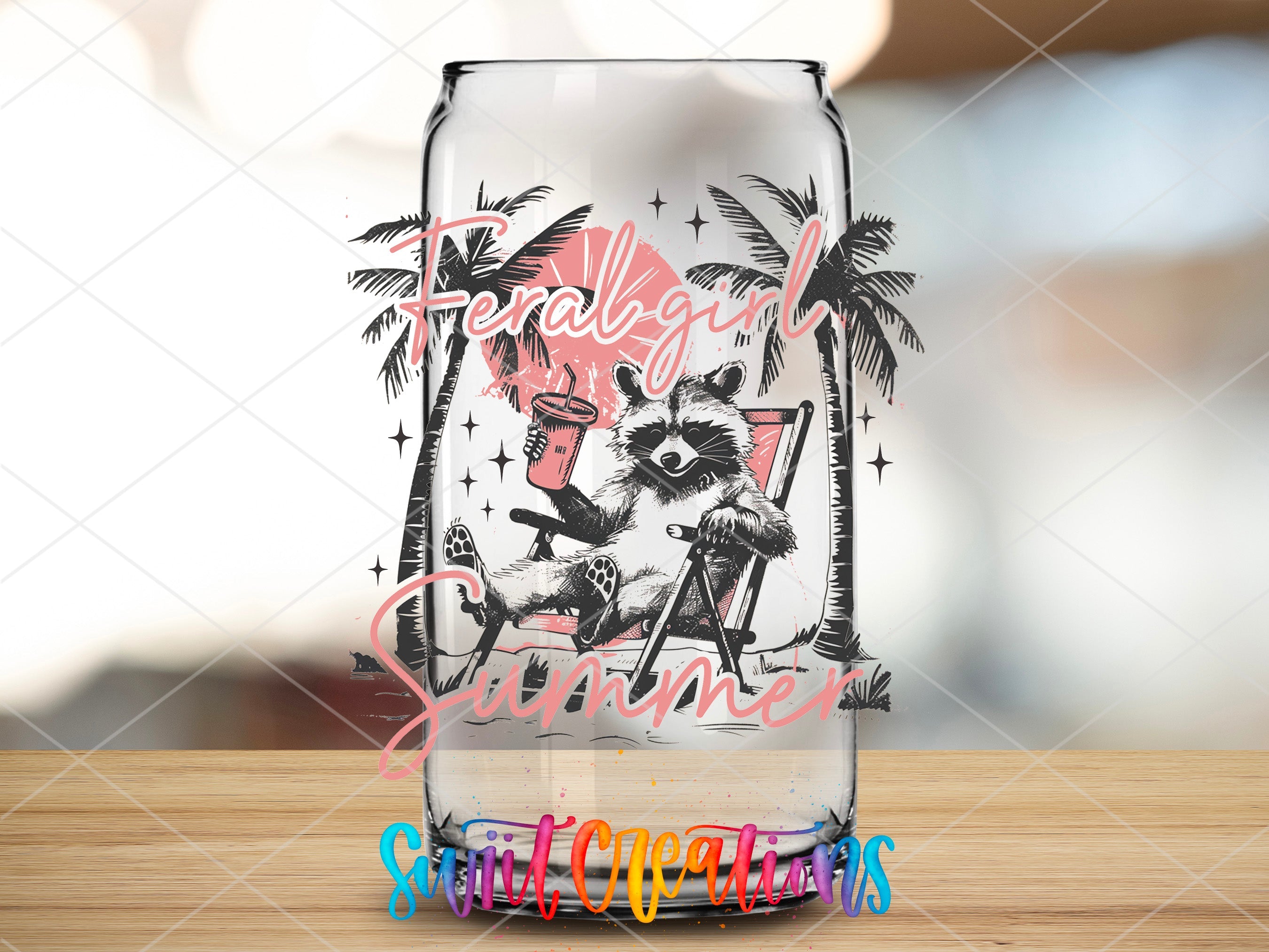 a glass with a picture of a raccoon on it