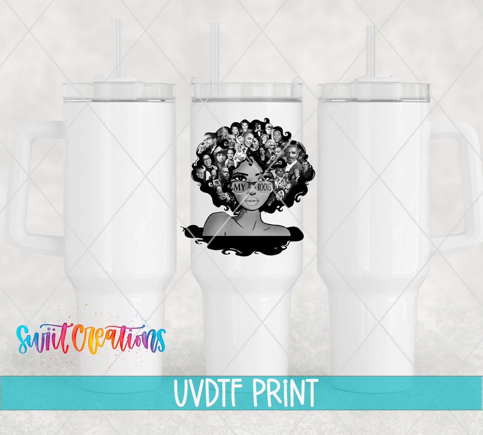 a collage of three white tumblers with a black and white illustration of a woman's face and the text "MOM'S BOYS" printed on them.