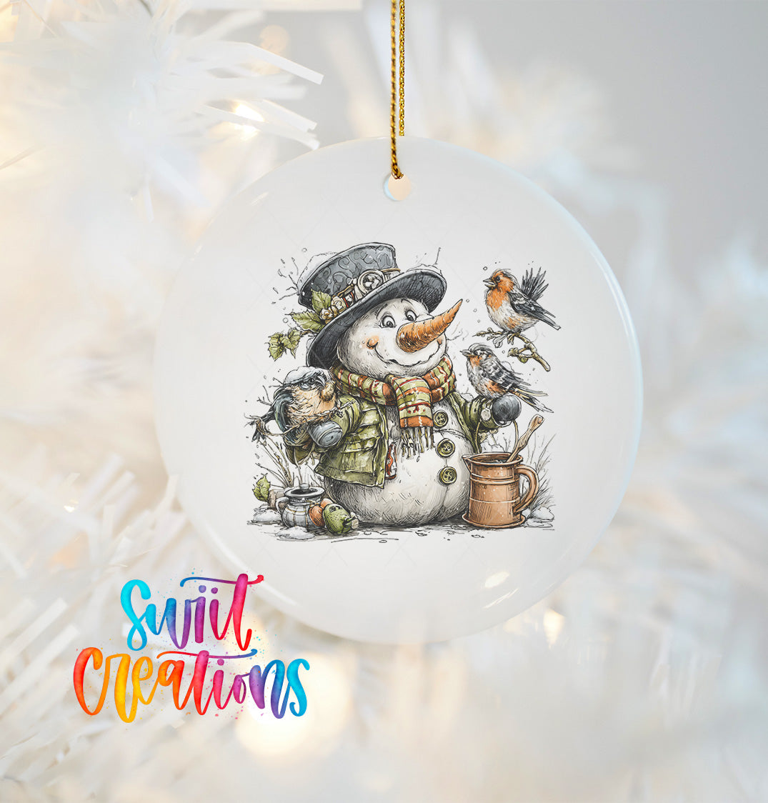 A snowman ornament with a bird perched on its shoulder, surrounded by other birds, is hanging on a Christmas tree.