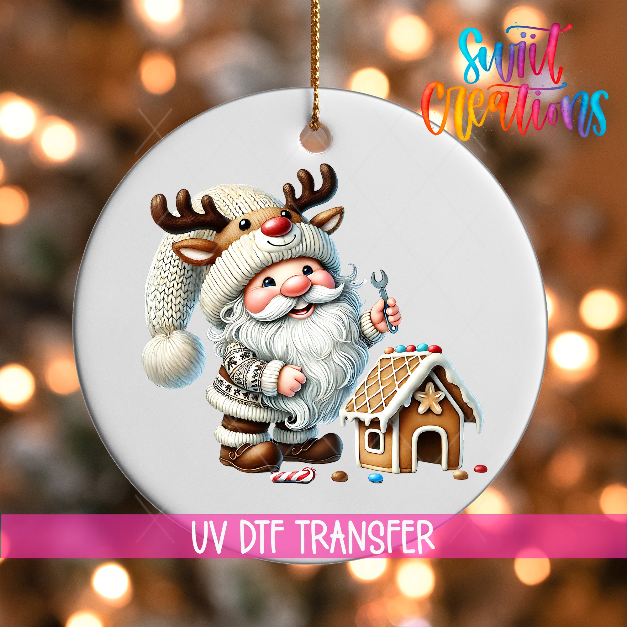 A white ornament featuring a cartoon Santa Claus holding a wrench and standing next to a gingerbread house, with a "UV Dtf Transfer" label below the ornament.