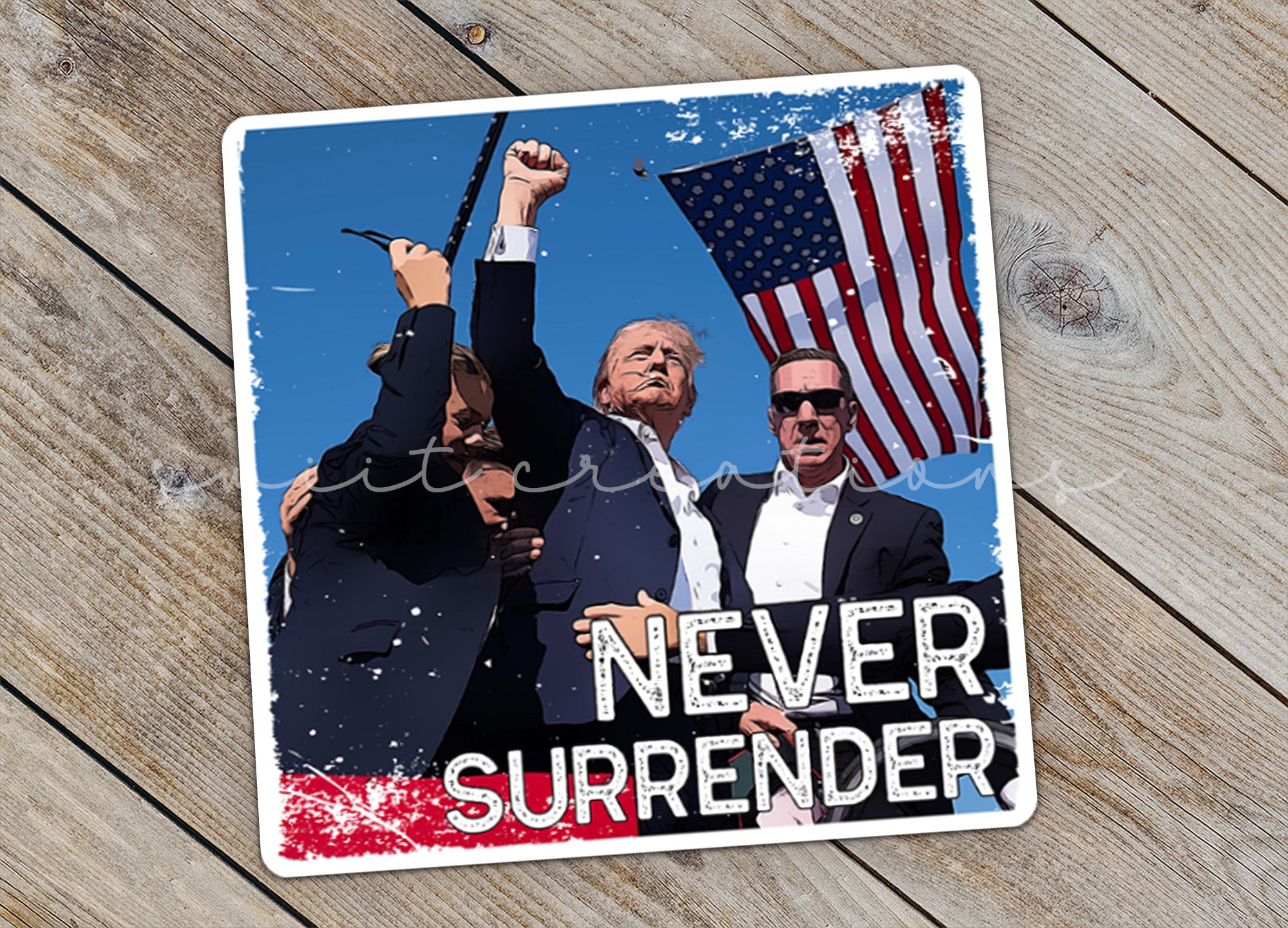 a sticker of two men holding american flags