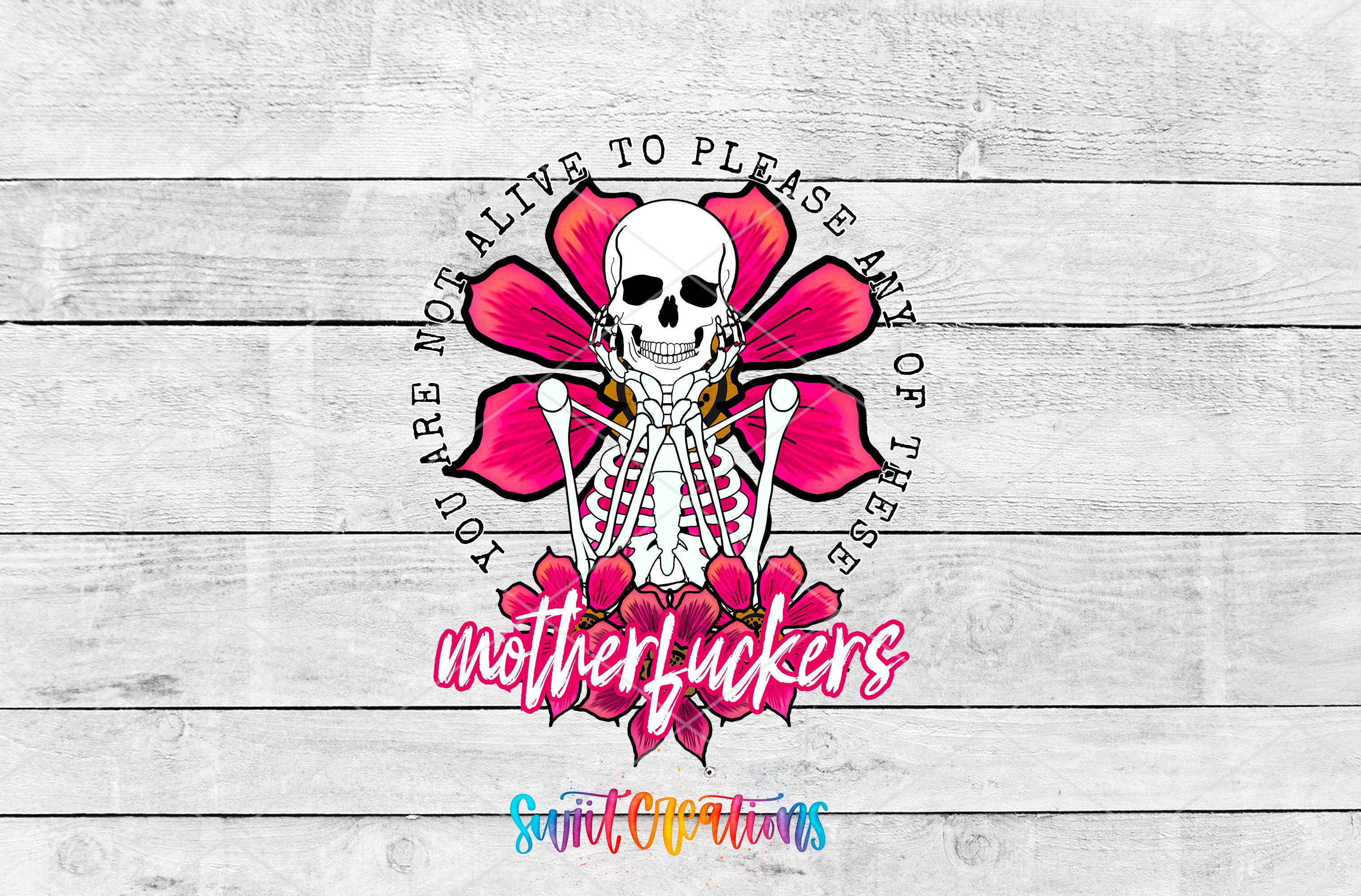 a white wooden wall with a pink flower and a skull on it