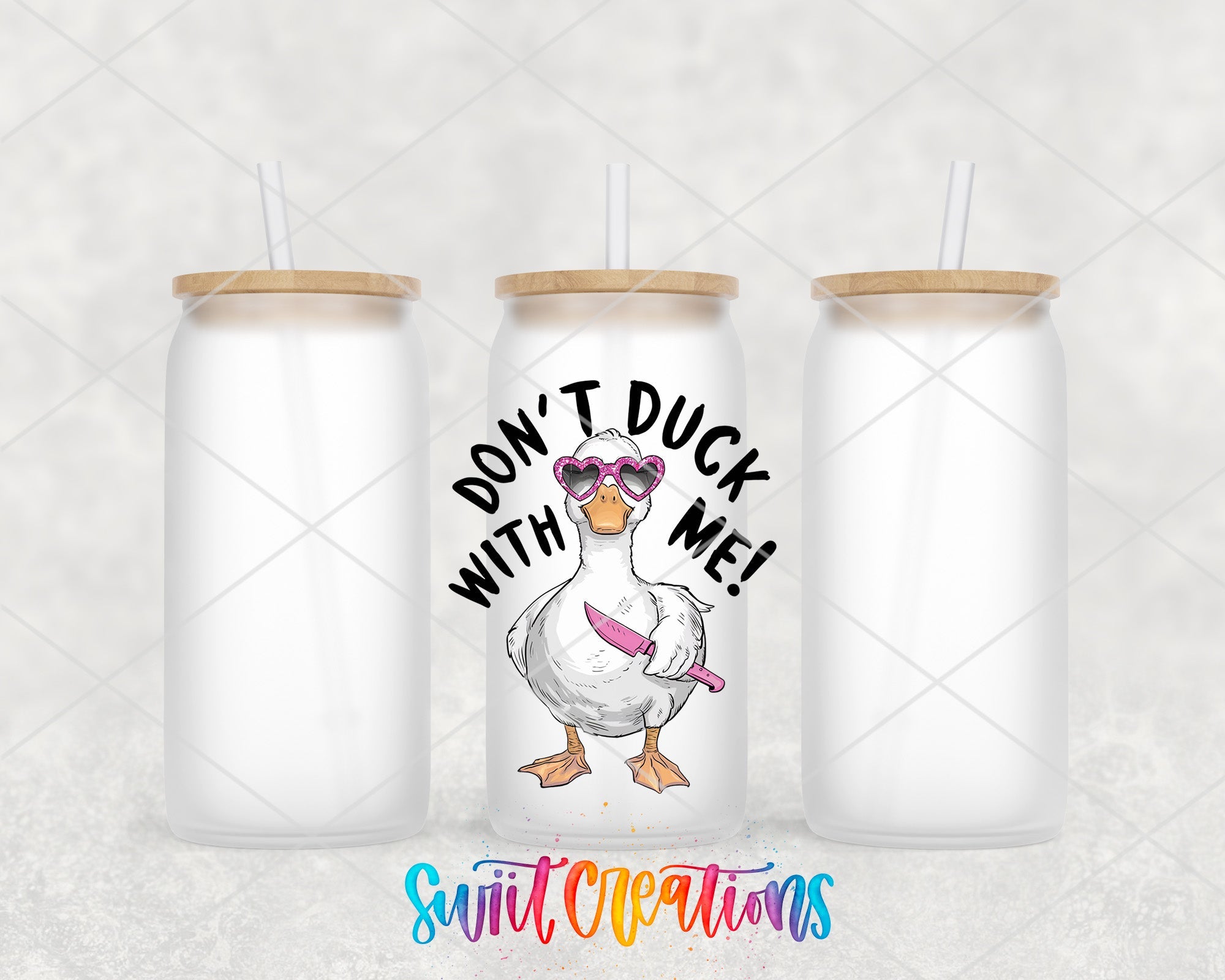 a couple of water bottles with a duck on them