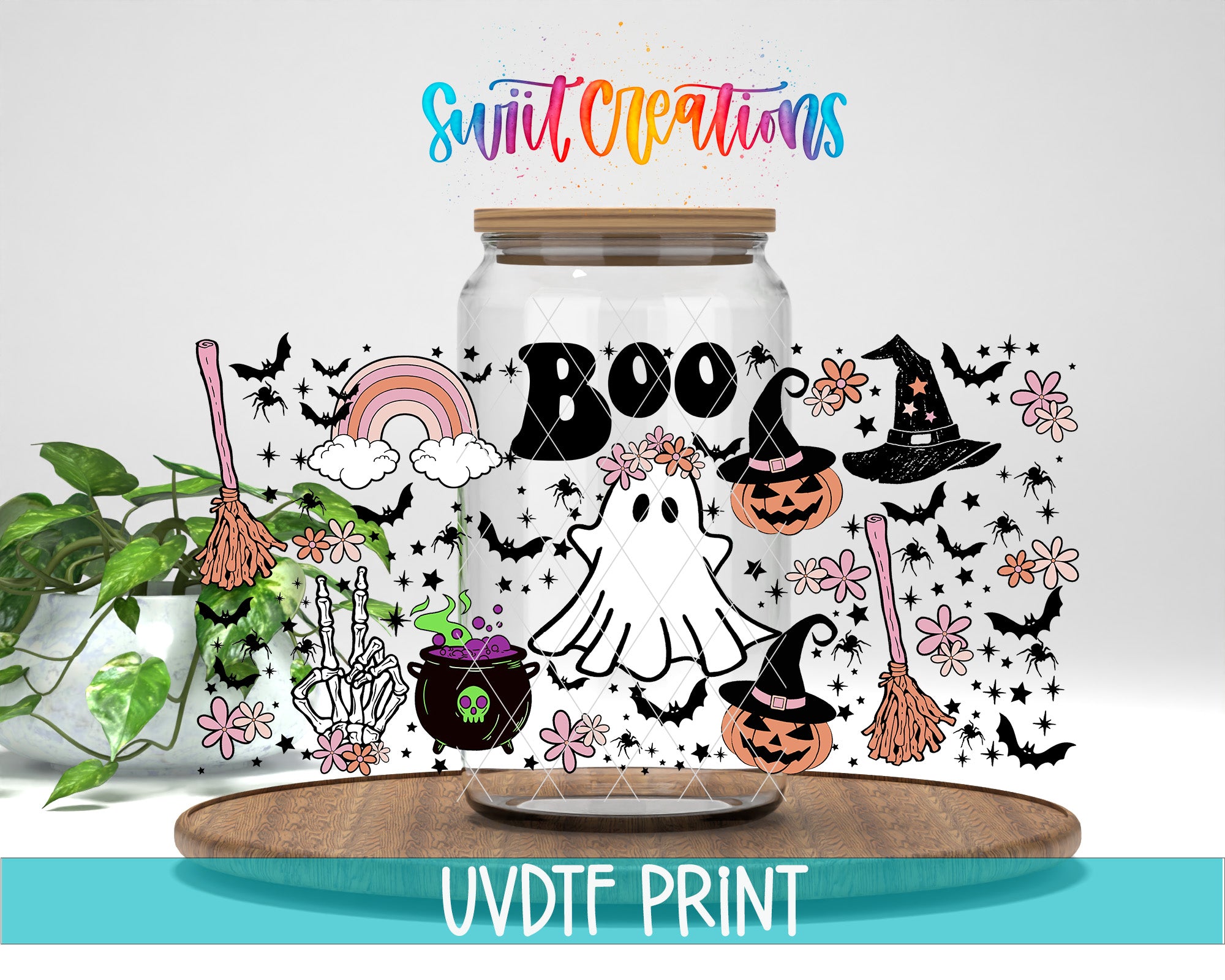The image is a collage featuring various Halloween-themed elements, including a glass jar with a lid, a skeleton, a ghost, a witch's broom, a pumpkin, a spider, a rainbow, and a "BOO" sign. The text "Swift Creations" is written above the jar, and the phrase "UVDF PRINT" is written at the bottom of the image.
