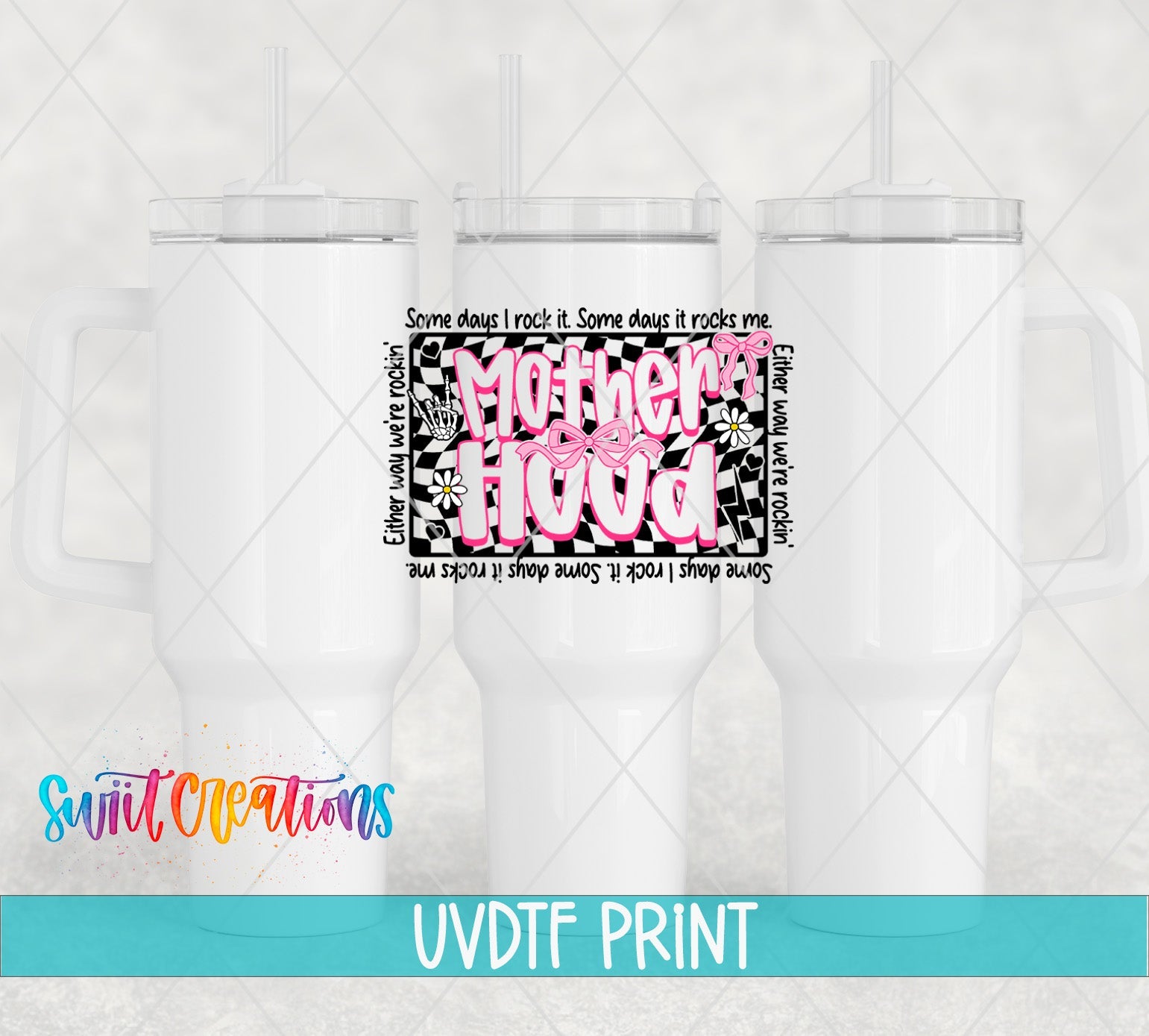 three white coffee mugs with pink and black designs