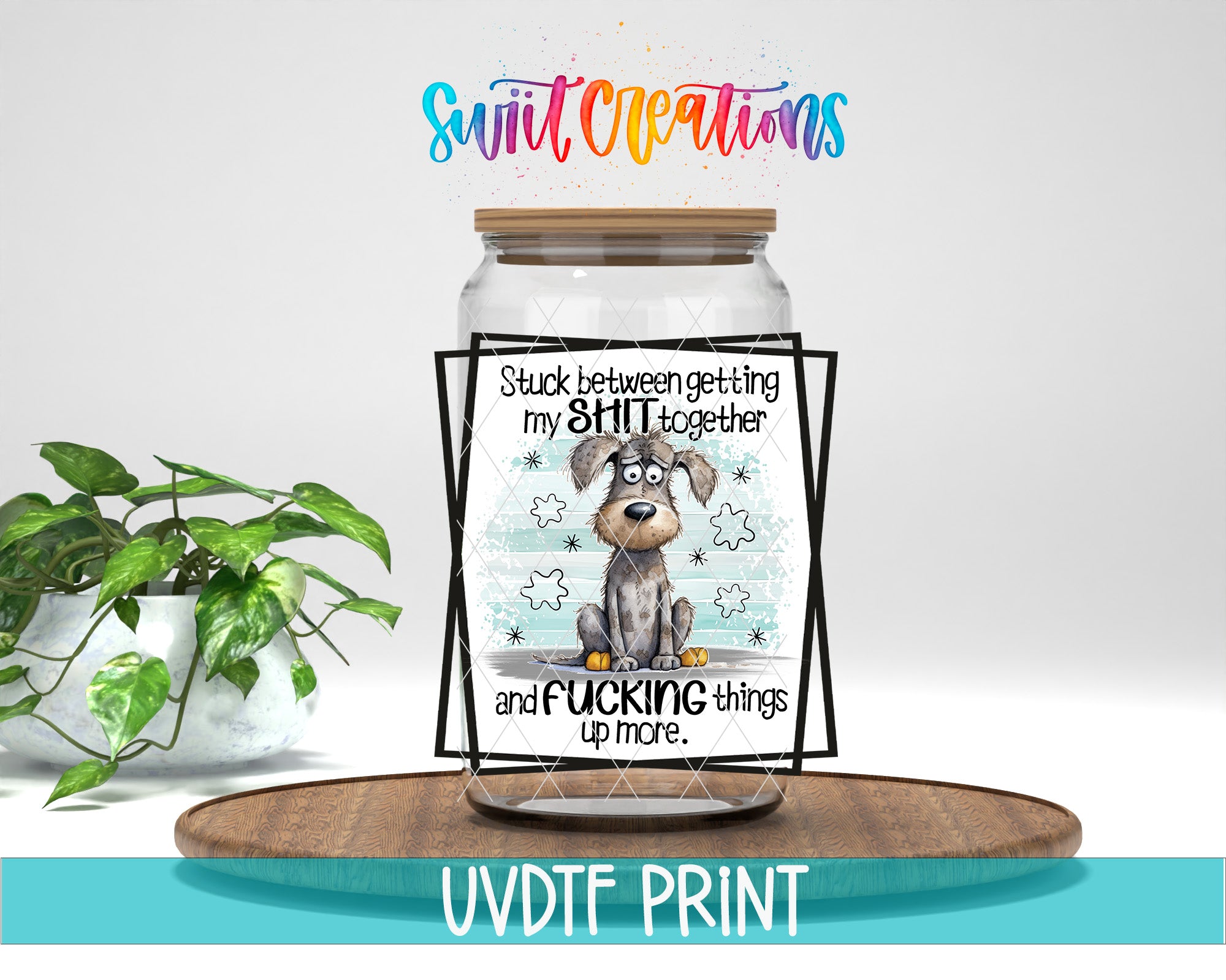 a glass jar with a picture of a dog on it