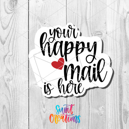 a sticker that says your happy mail is here
