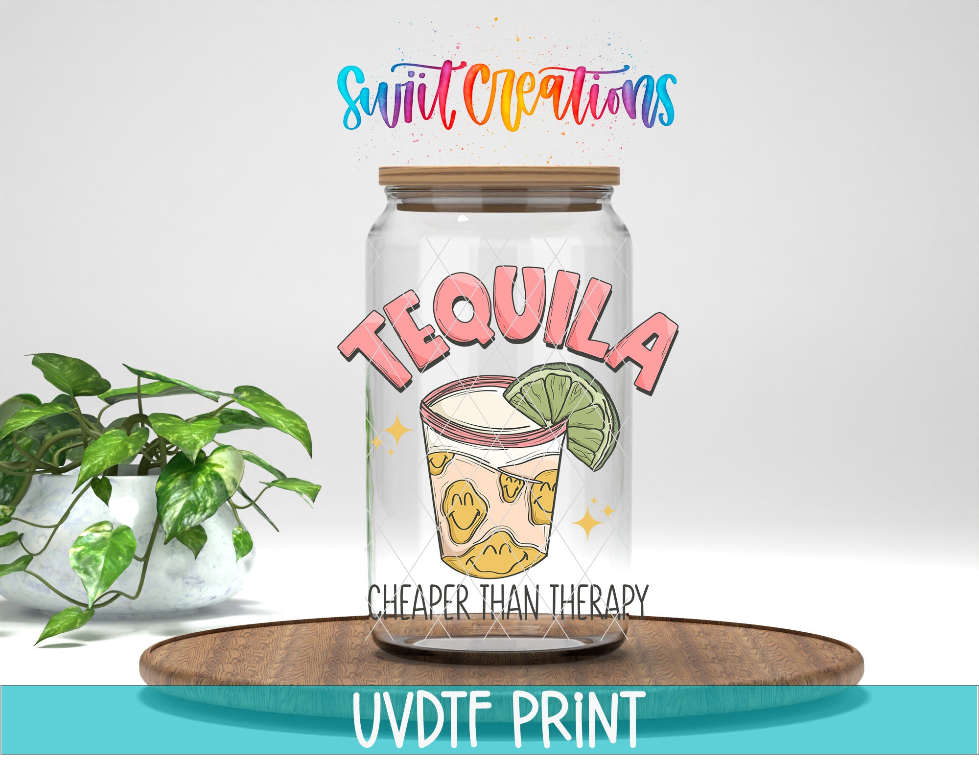 a glass jar with a picture of tequila on it