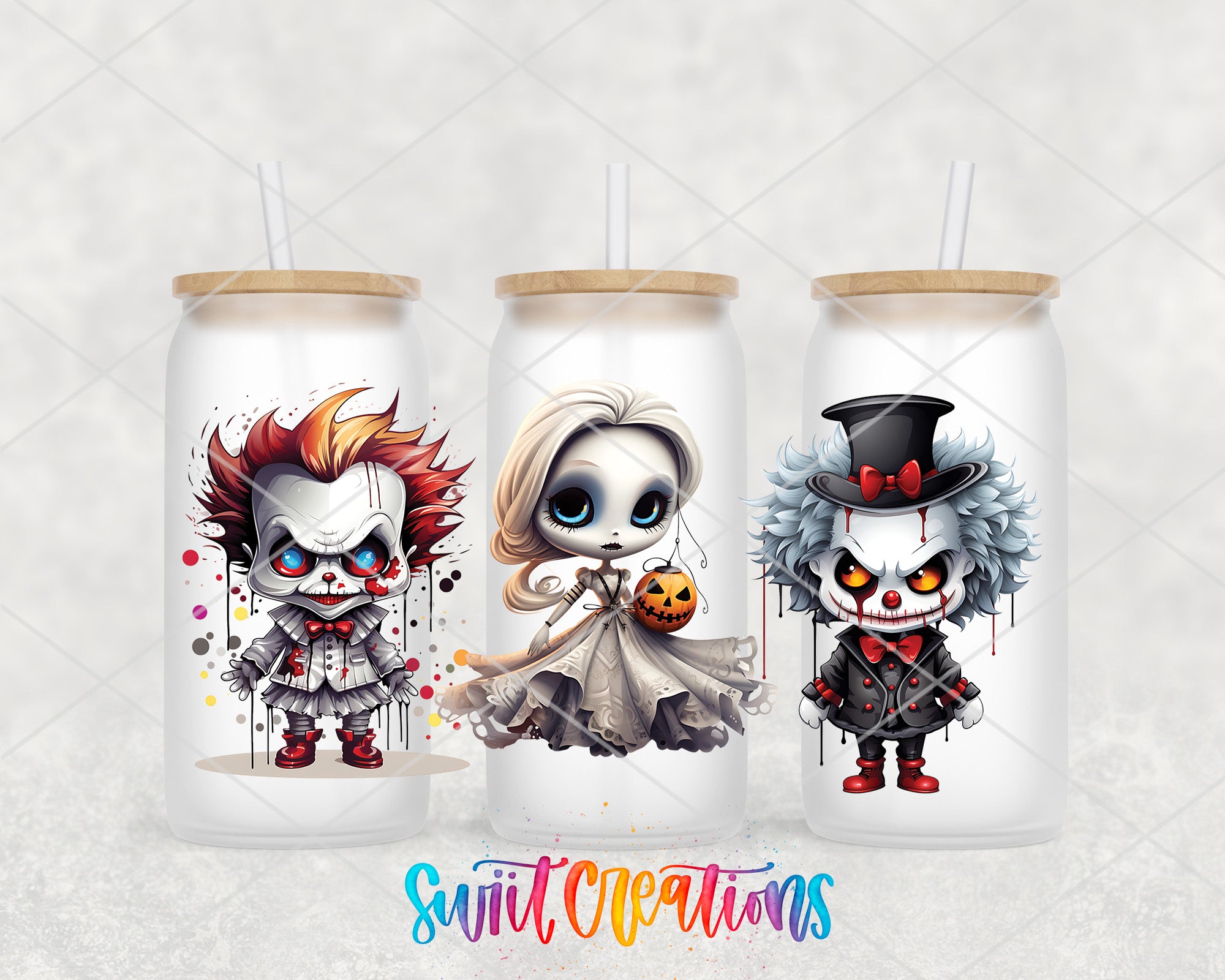 three glass tumblers with illustrations of three different cartoon characters on them.