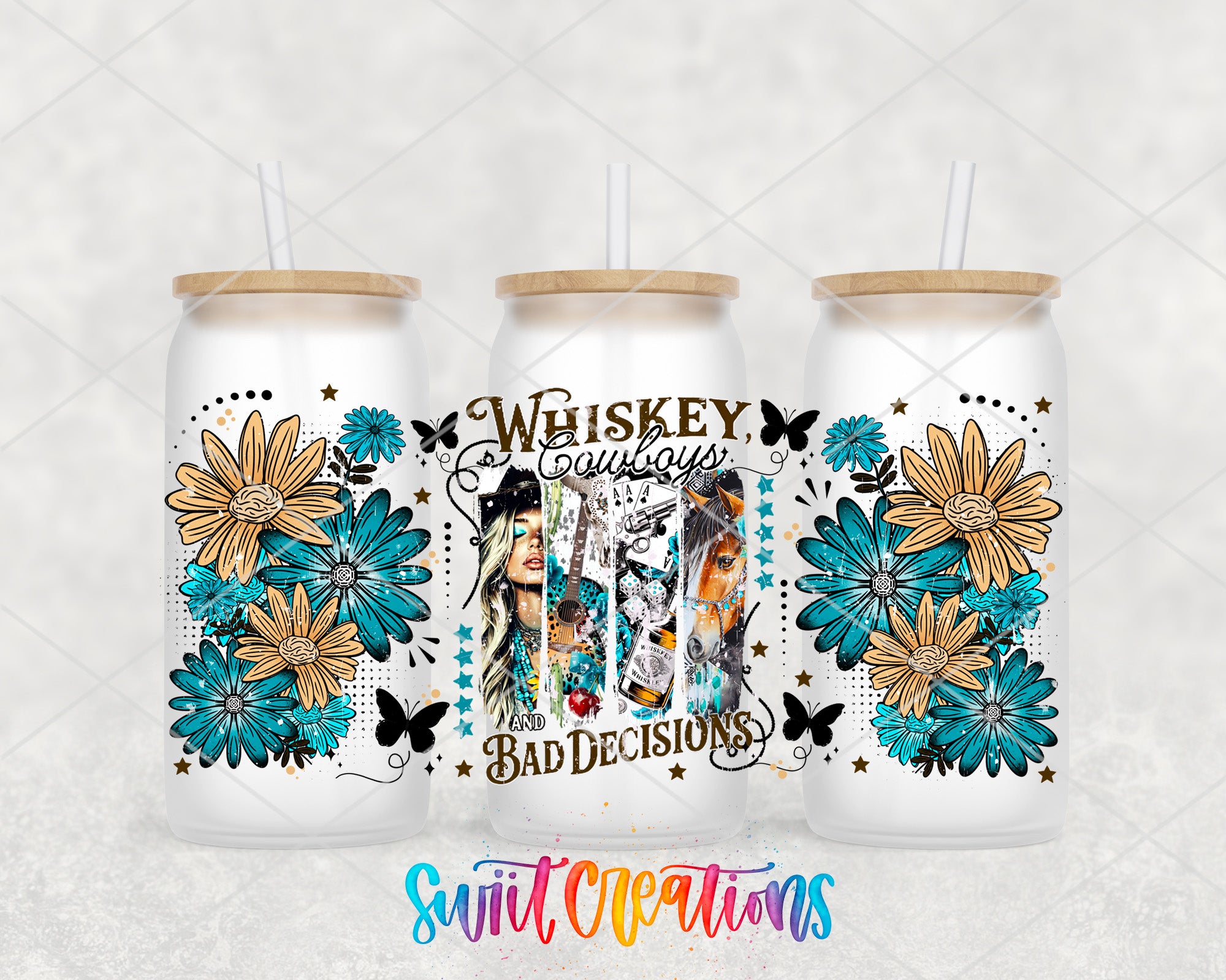 three white tumblers with floral designs and text printed on them.