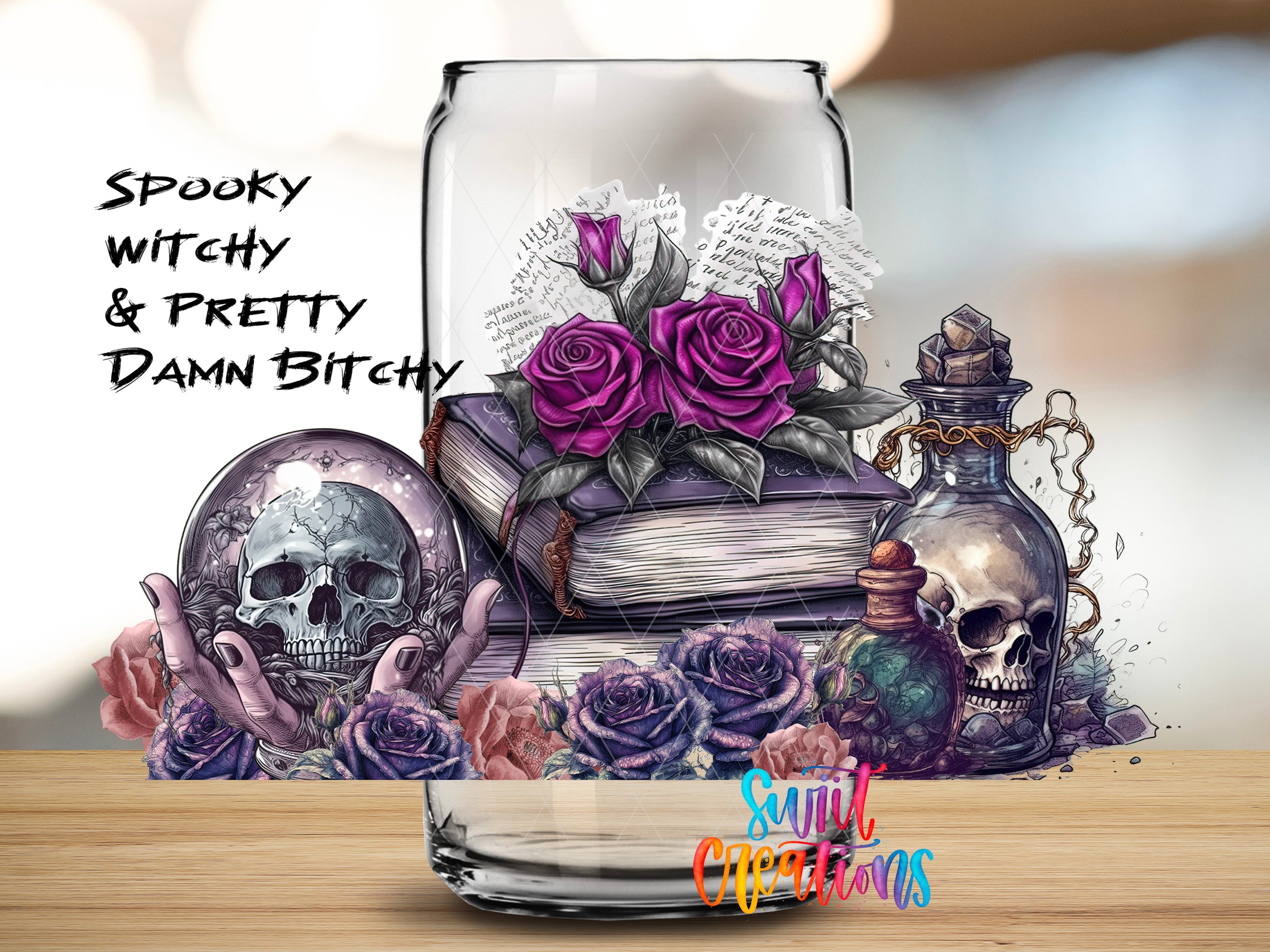 The image is a collage featuring a glass vase with a skull, roses, and various other objects, including a book and a crystal ball.