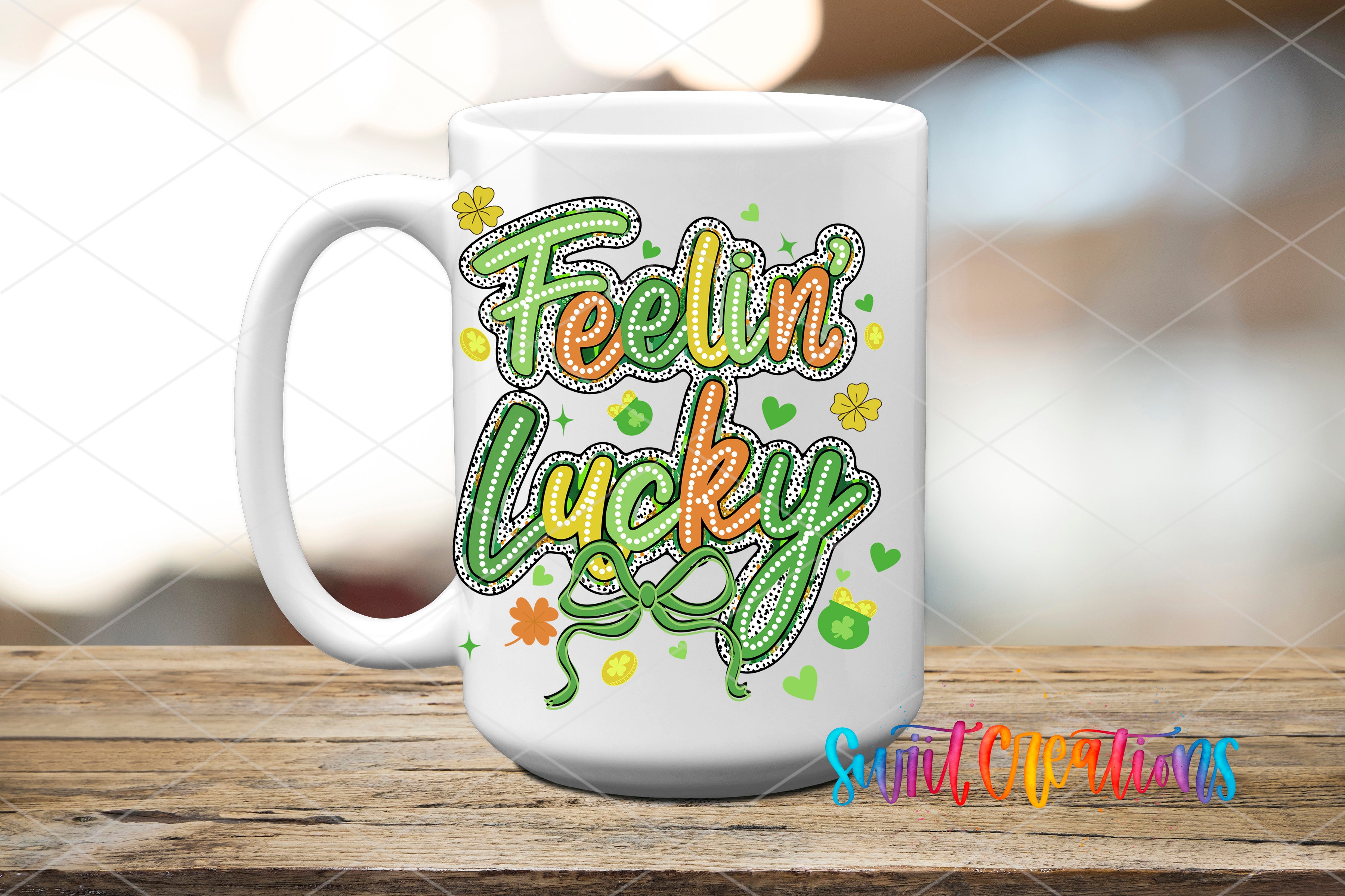 a coffee mug with the words feelin lucky on it