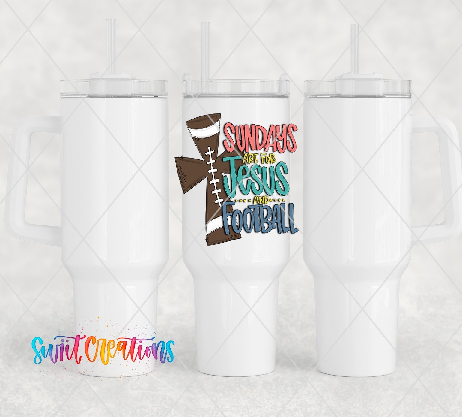 two white travel mugs with the words sunday's are jesus and football