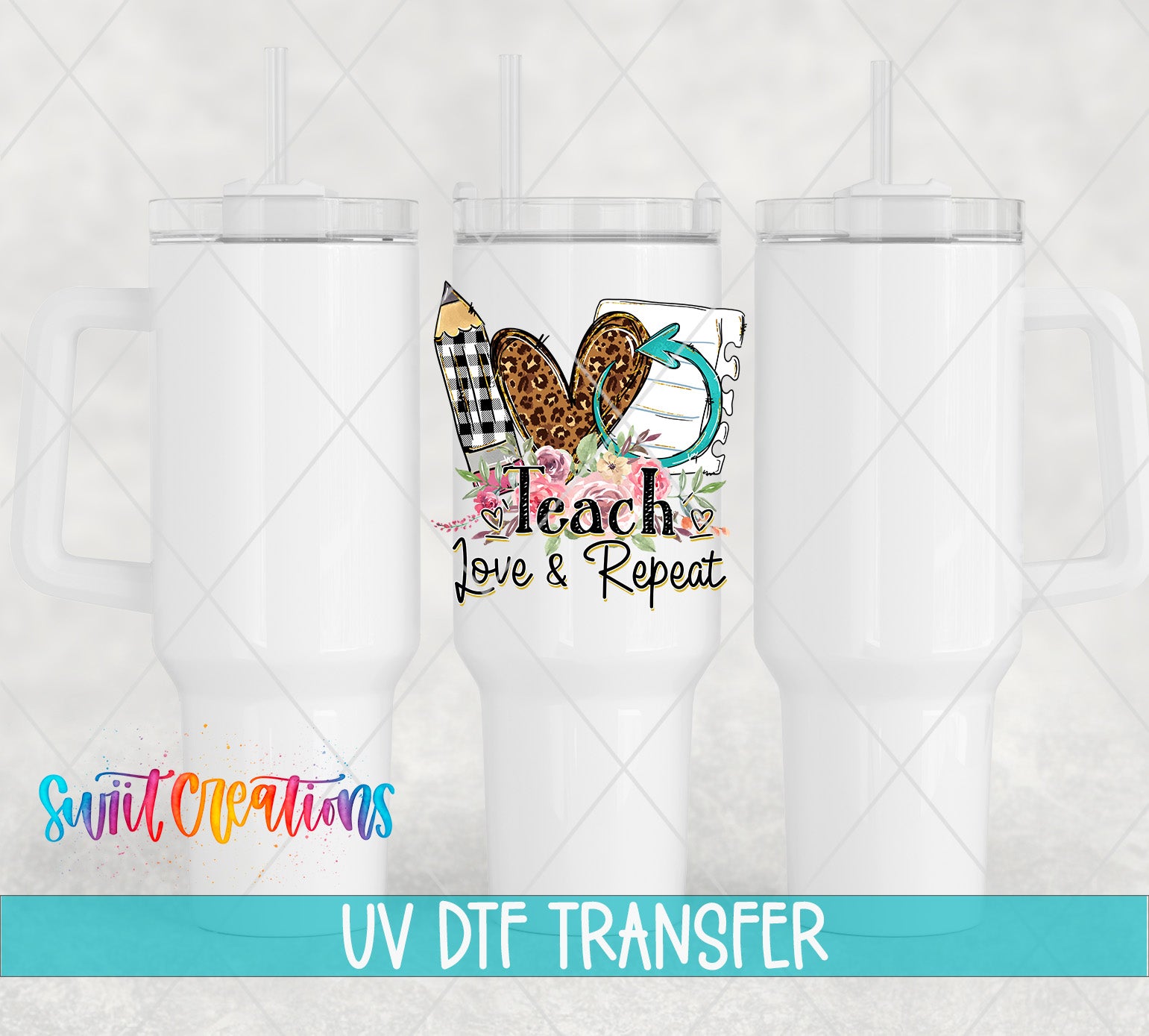 three white tumblers with a colorful design and text printed on them.
