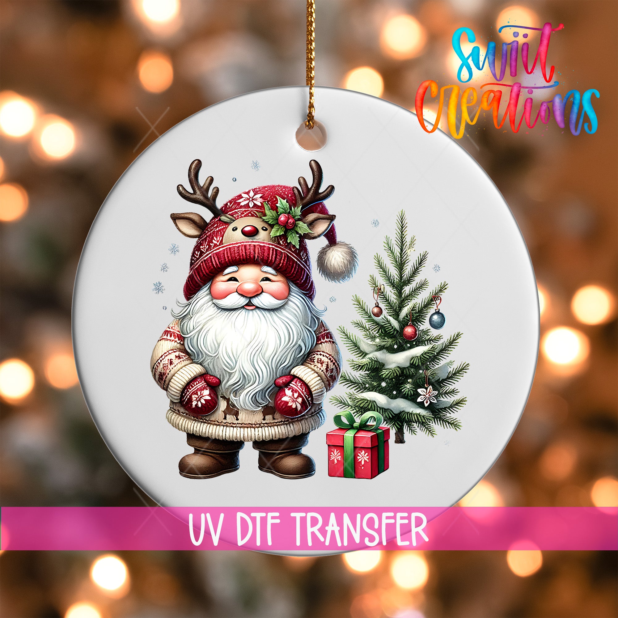 A white ornament featuring a smiling Santa Claus wearing a red hat and mittens, standing next to a Christmas tree with presents underneath.