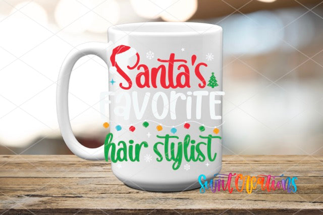 a white coffee mug with santa's favorite hair stylist on it