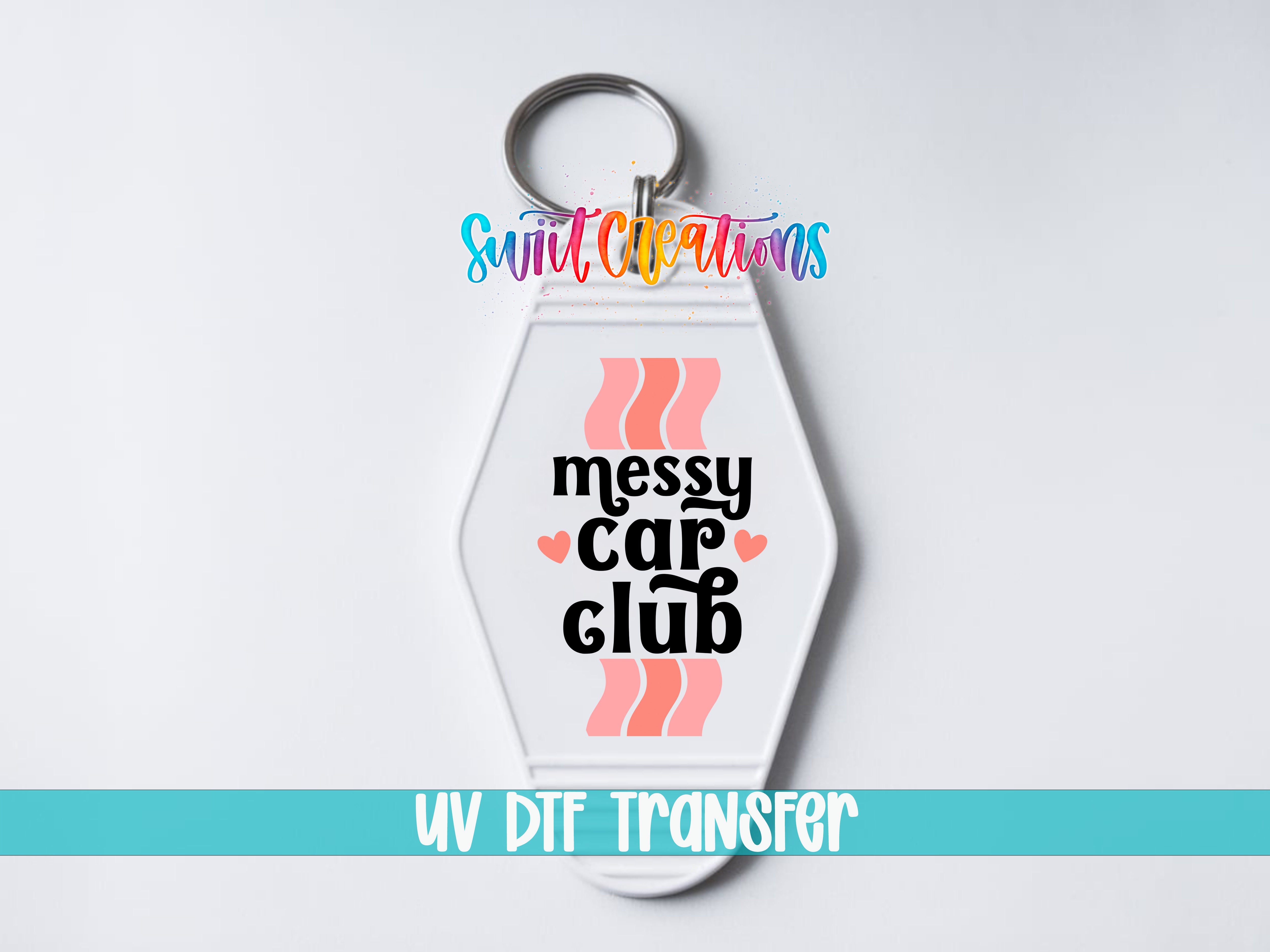 A keychain with the text "MESSY CAR CLUB" printed on it, along with a colorful design.