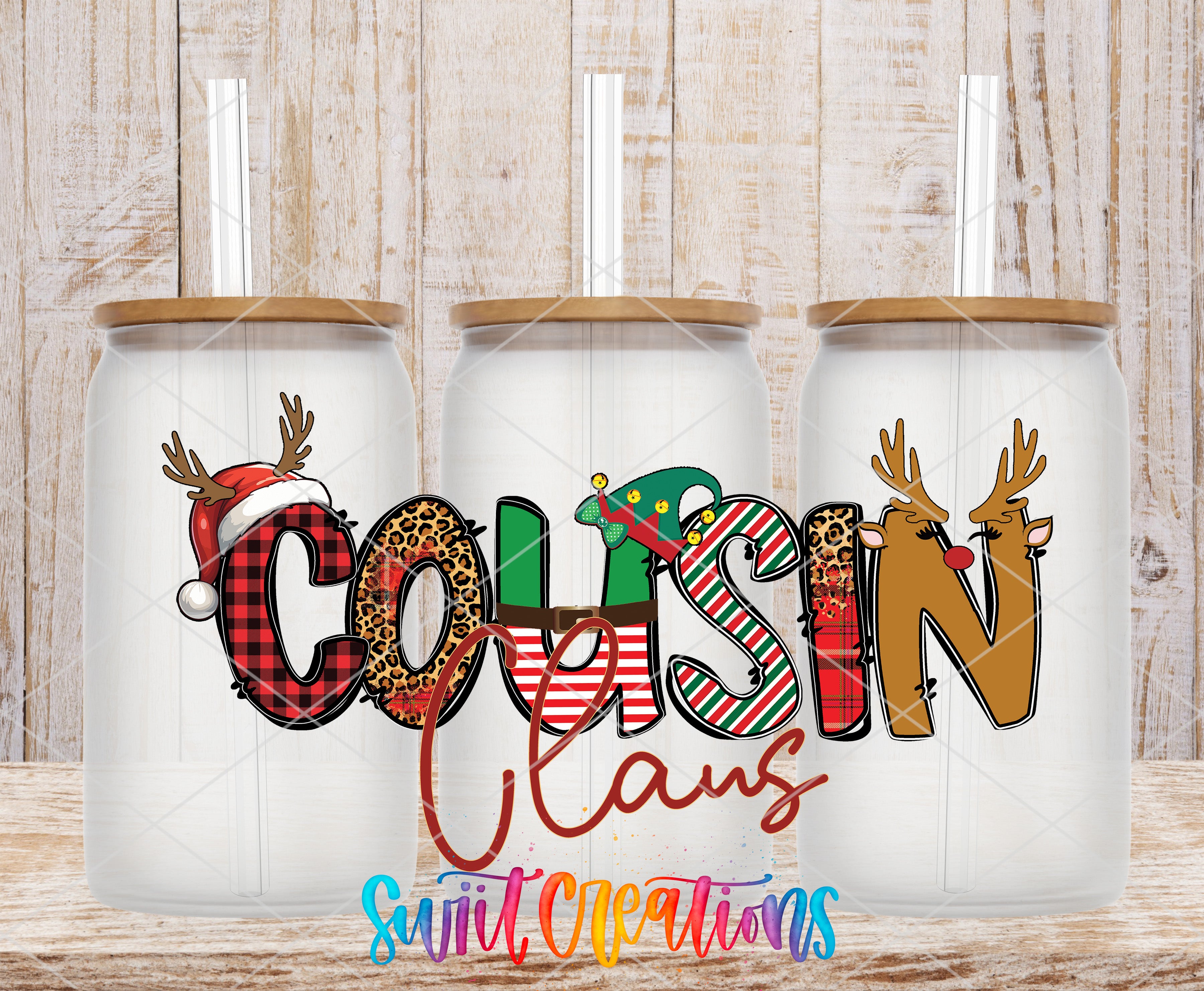 Three glass tumblers with the word "Cousin" written on them, each with a different design and color scheme.