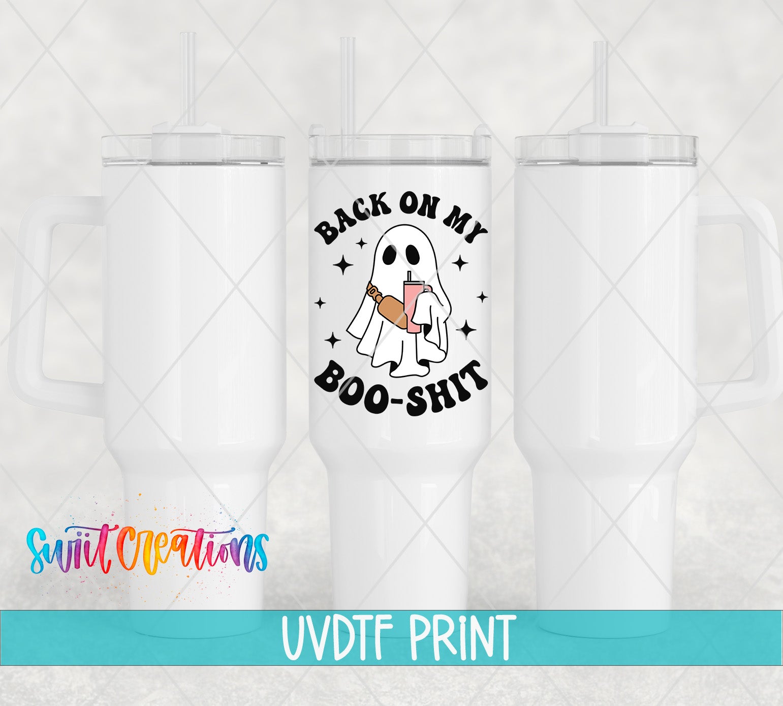 three white tumblers with a graphic design on them, including a ghost character and the text "BACK ON MY BOO-SHIT".