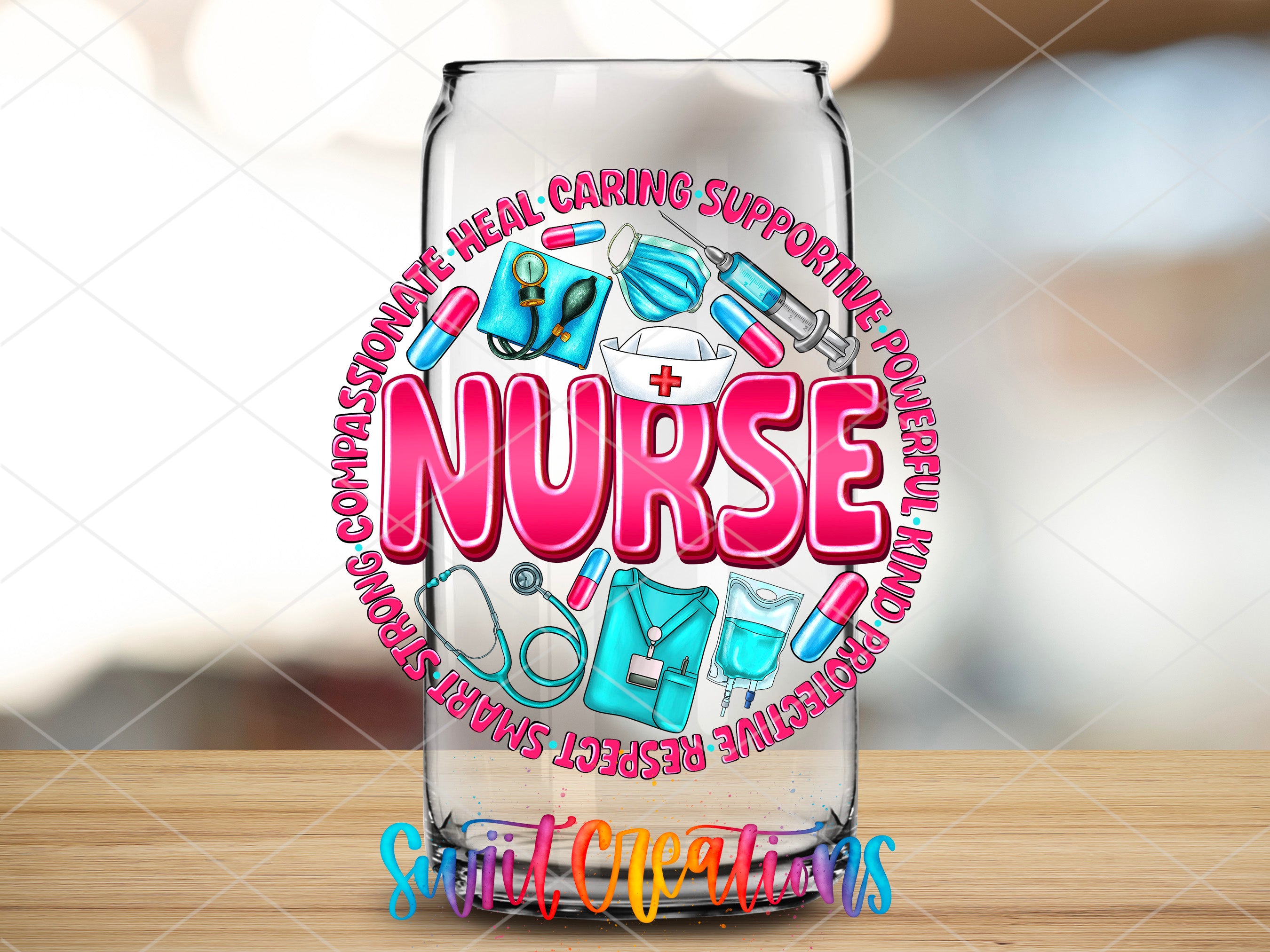 a glass with the word nurse inside of it