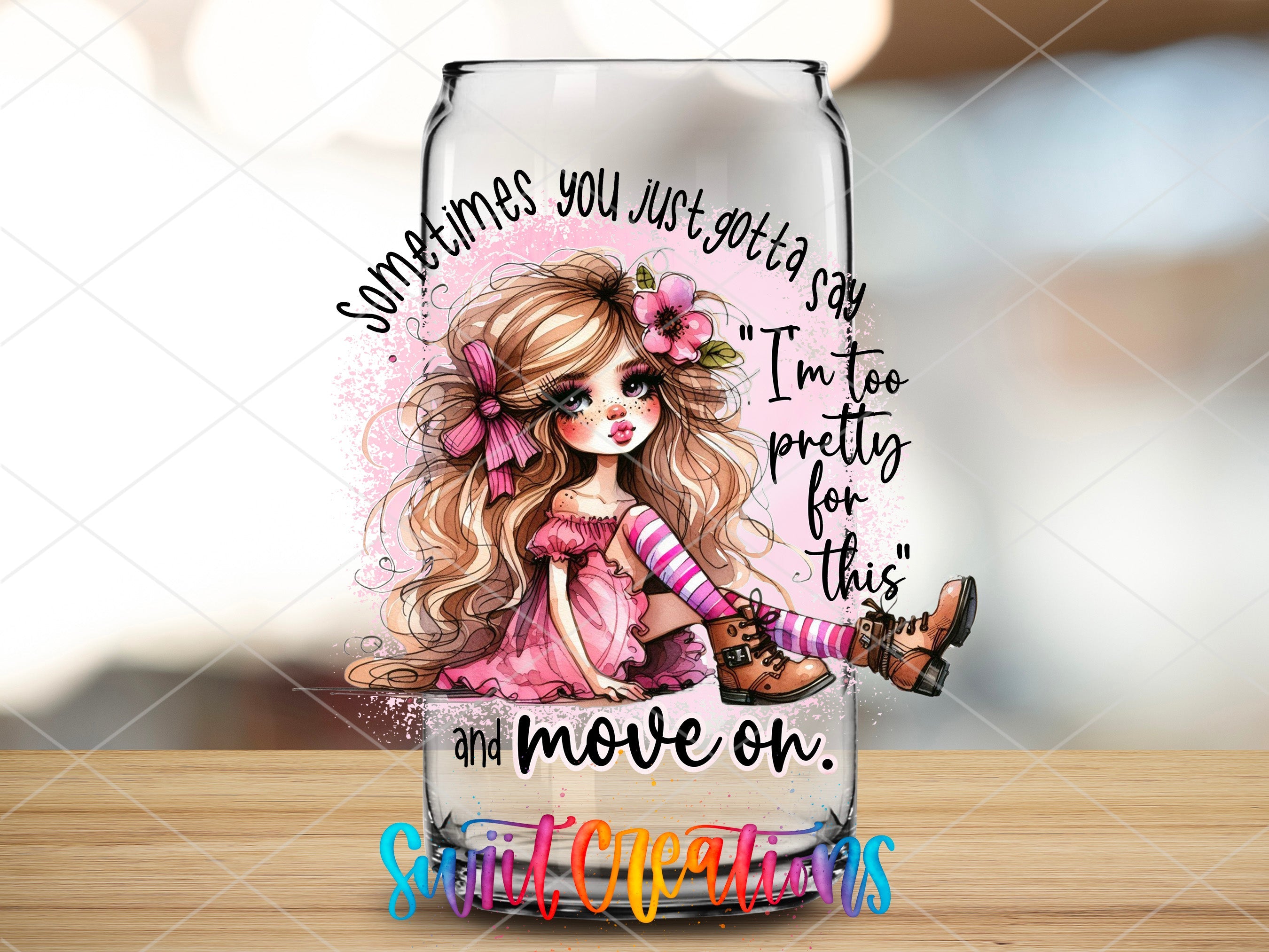 a glass with a picture of a girl on it