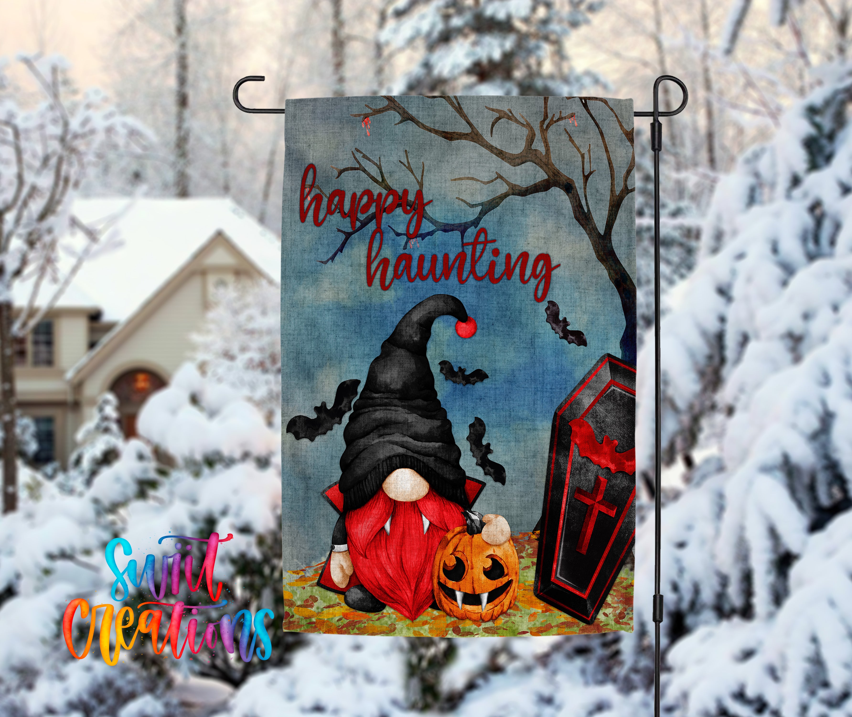 A Halloween-themed garden decoration featuring a gnome, a pumpkin, bats, and a casket, with the text "Happy hunting" displayed.