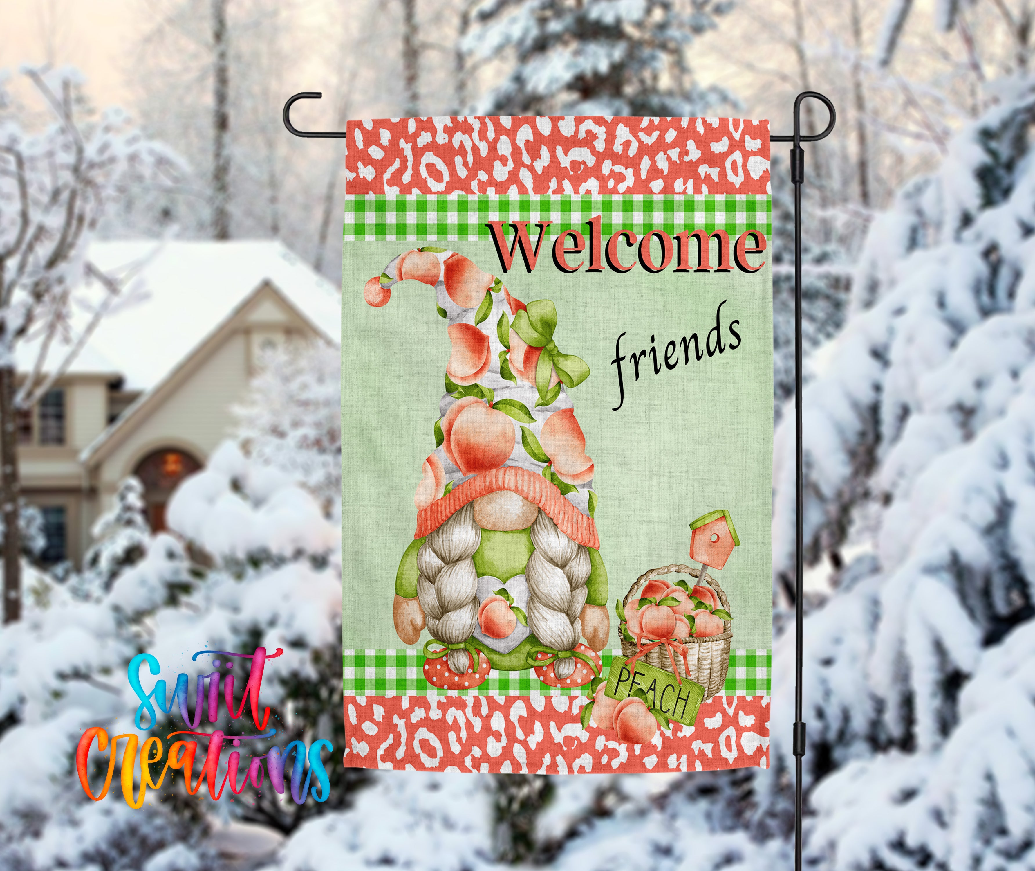 A colorful garden sign featuring a whimsical gnome holding a basket of peaches, with the text "Welcome friends peach" displayed prominently.