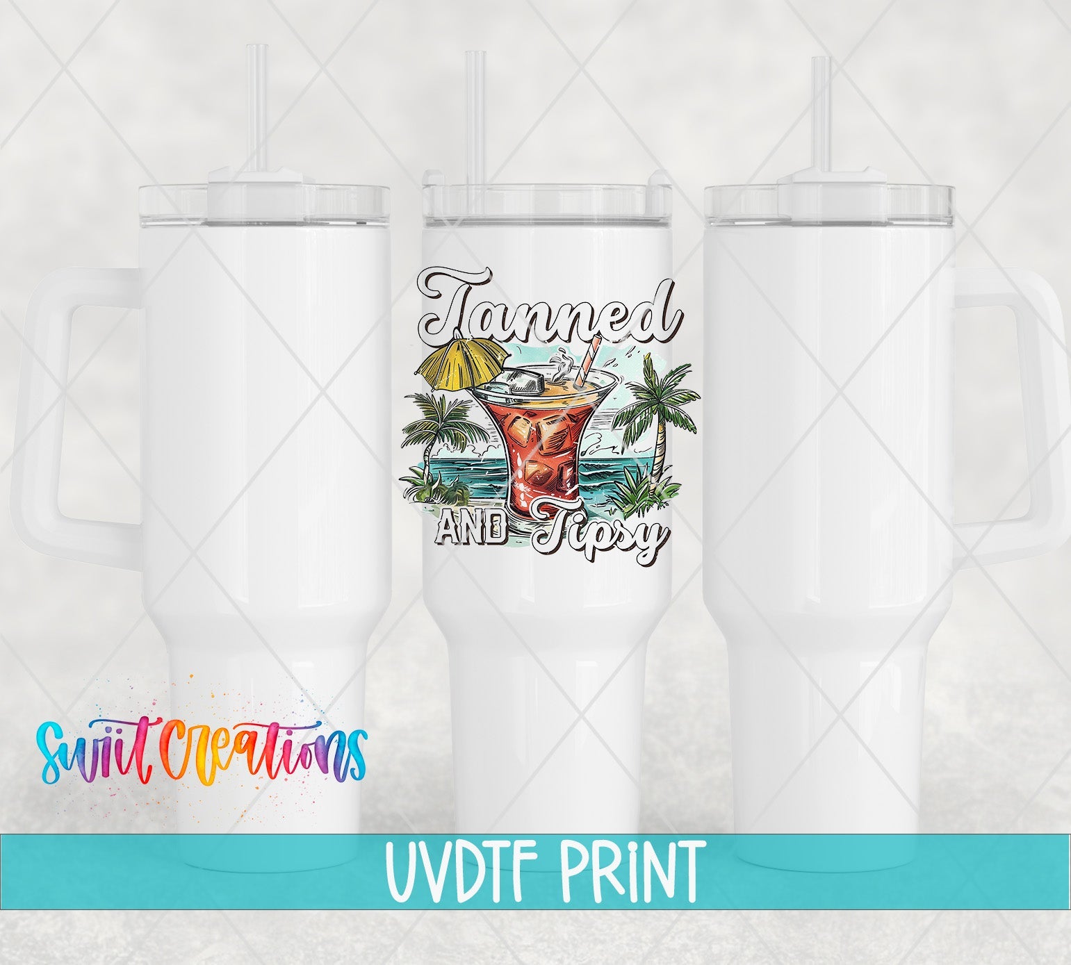 three white tumblers with a picture of a beach scene