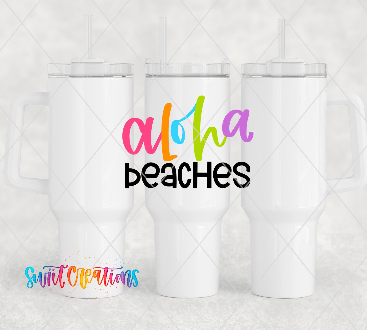 three white tumblers with the words aloh beaches on them