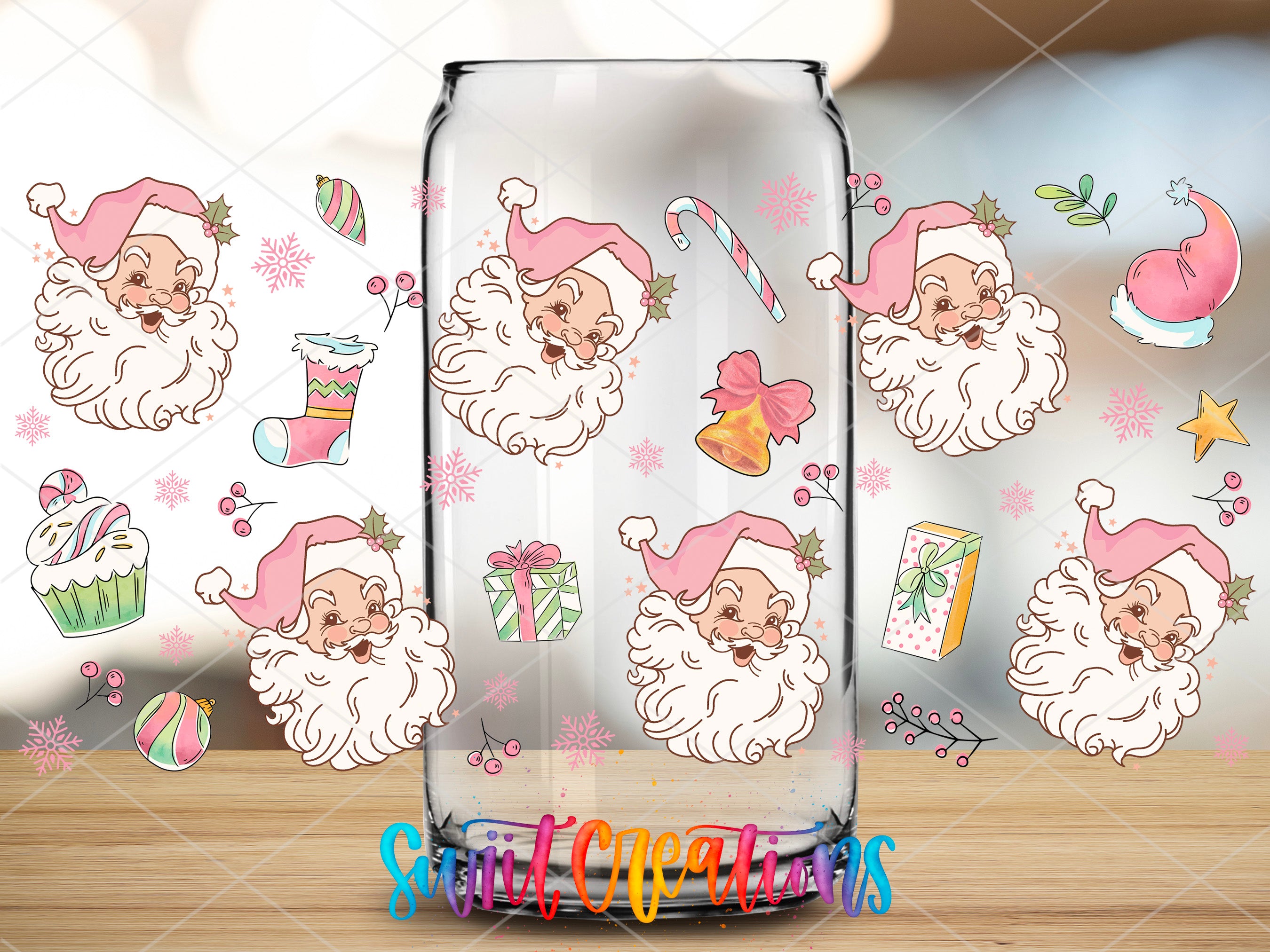 a glass vase with a picture of santa claus on it