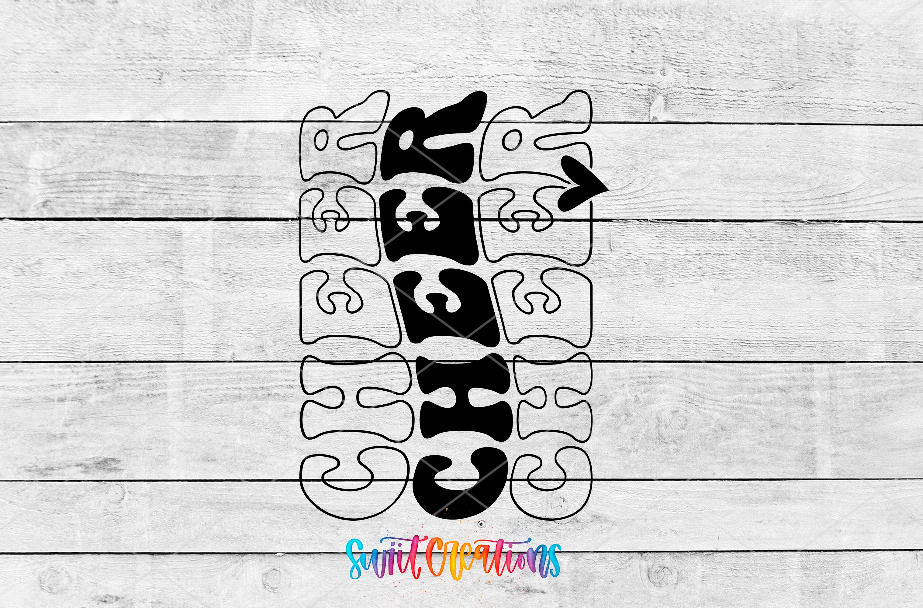 a stylized text that appears to be a collage of various shapes and lines, creating a visually striking and abstract design.