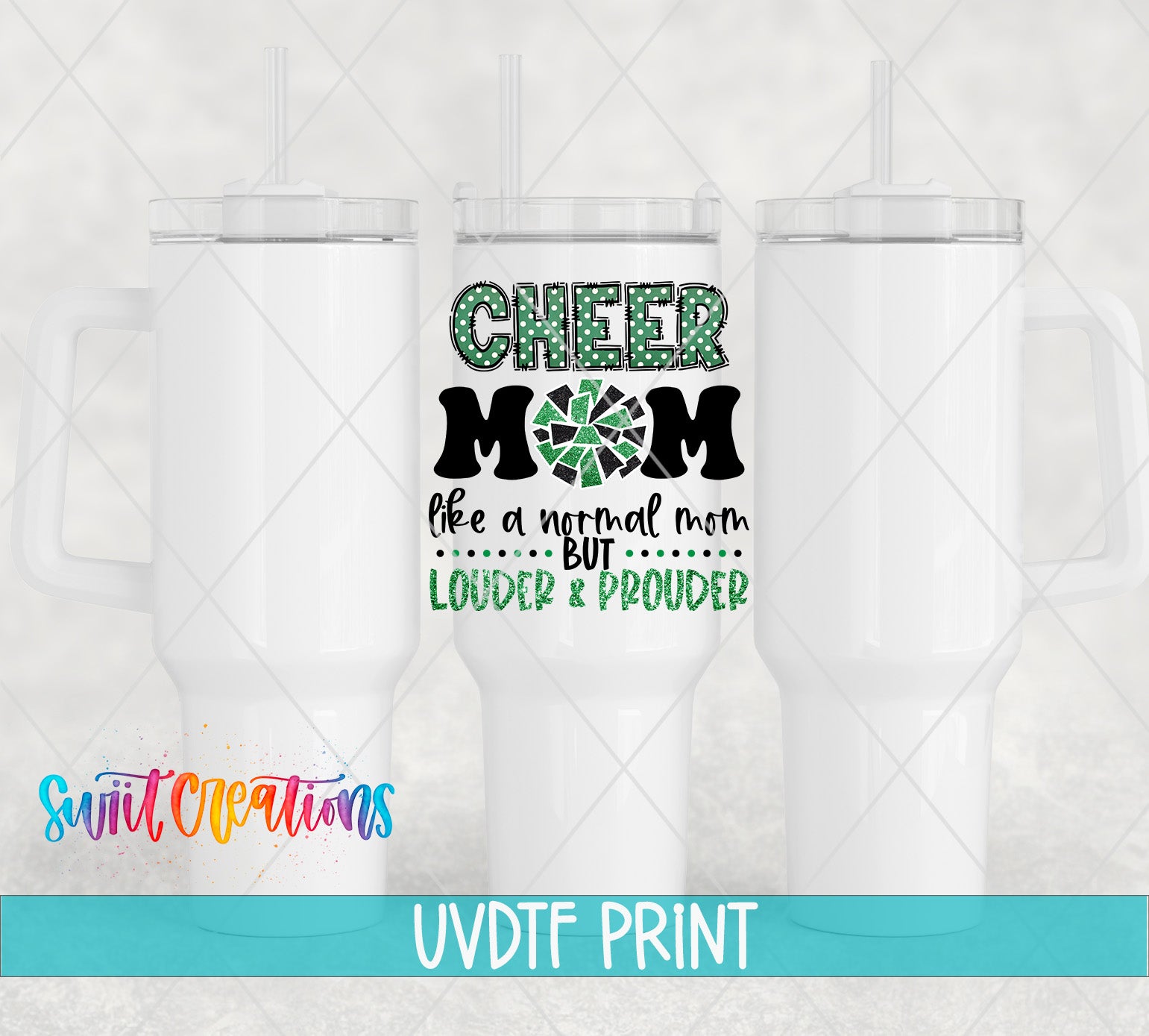 a white thermos tumbler with a printed design on it, which says "CHEER MOM LIKE A NORMAL MOM LOUDER & PROUDER" in a stylized font.