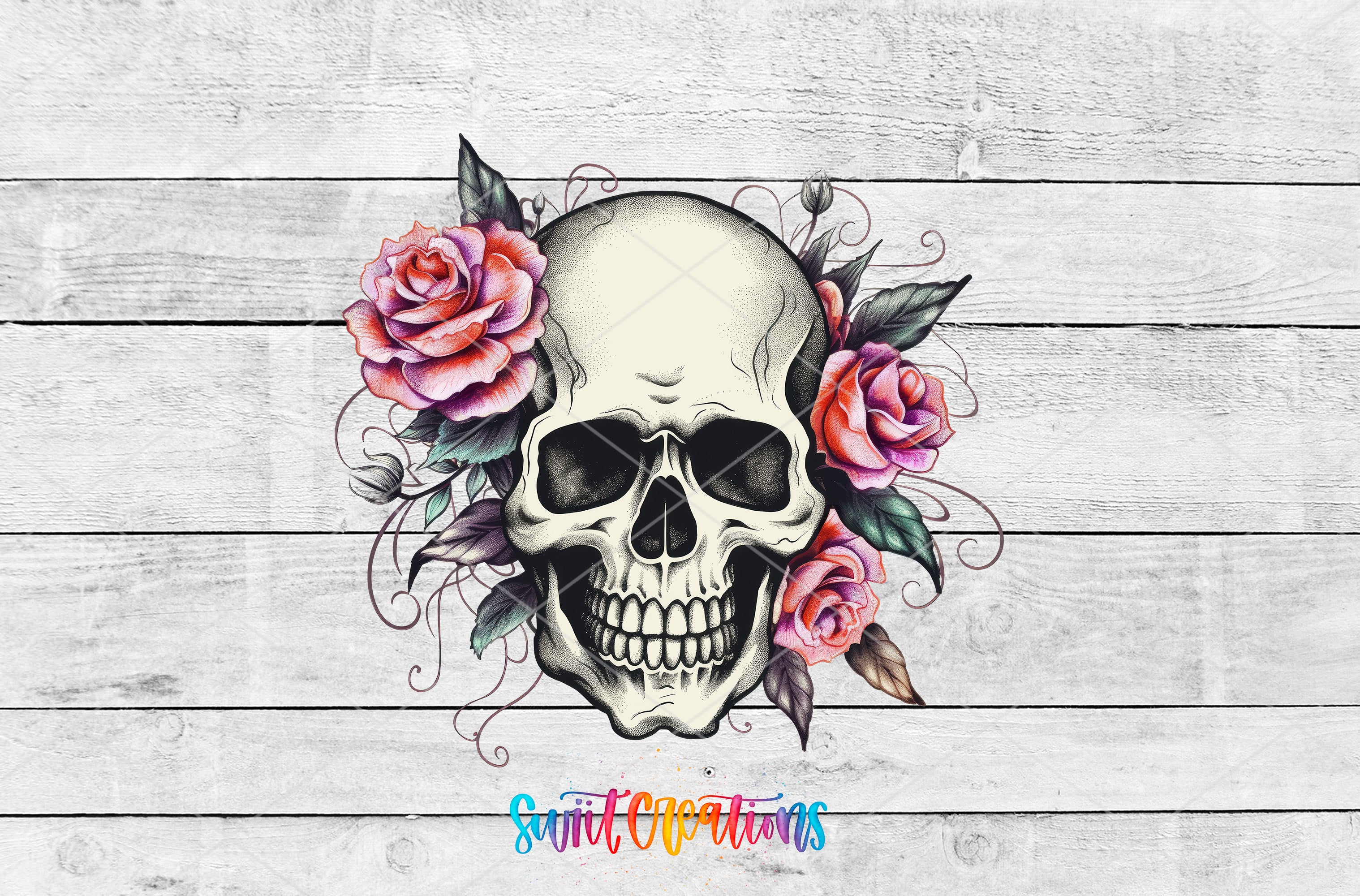 a skull with roses on a wooden background