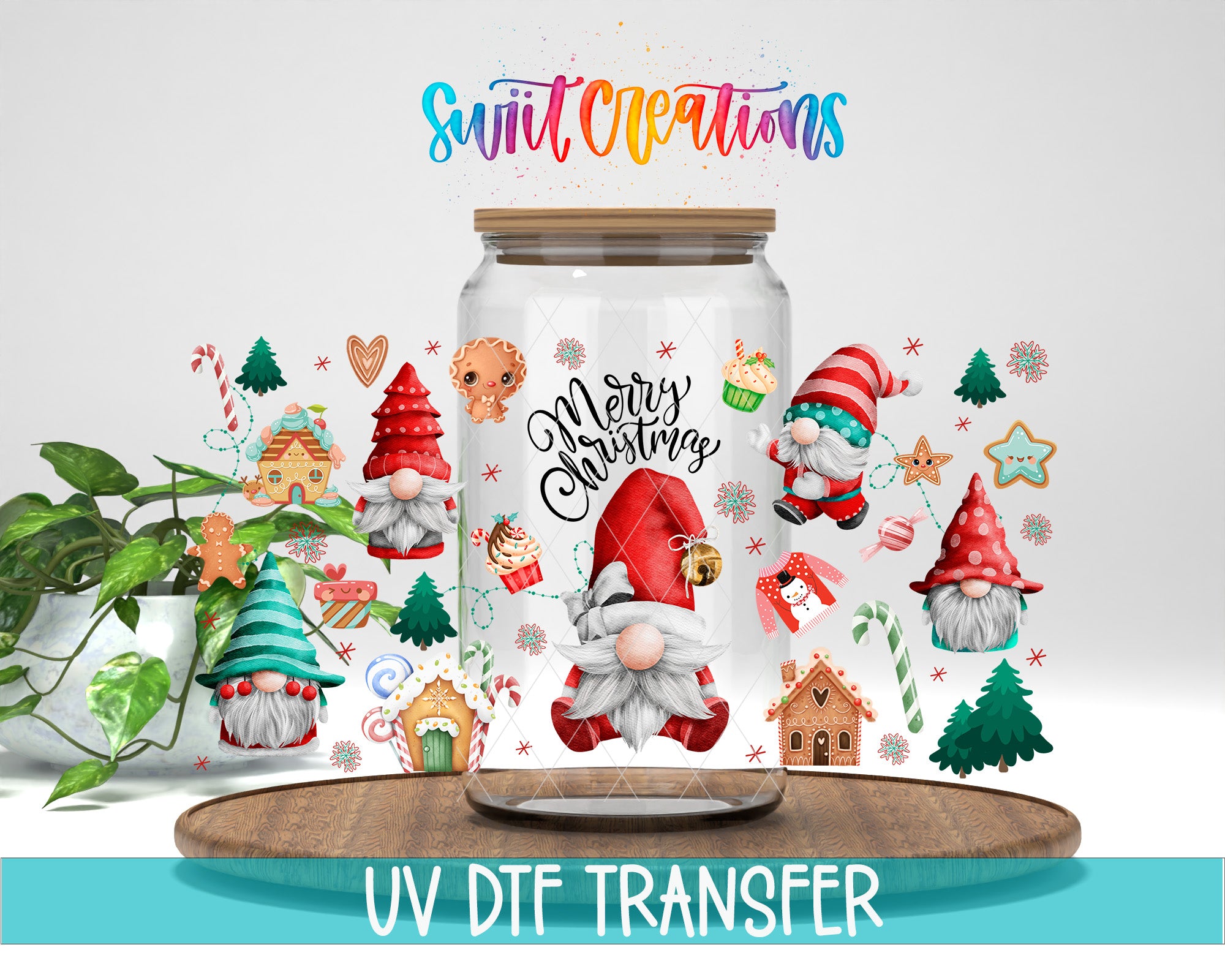 A glass jar filled with various Christmas-themed gnomes and decorations, along with the text "Merry Christmas" and "Swift Creations" written on it. The jar is surrounded by a variety of Christmas-themed items, including a potted plant, gingerbread houses, and other festive decorations. The image also includes the text "UV DFT TRANSFER" at the bottom.