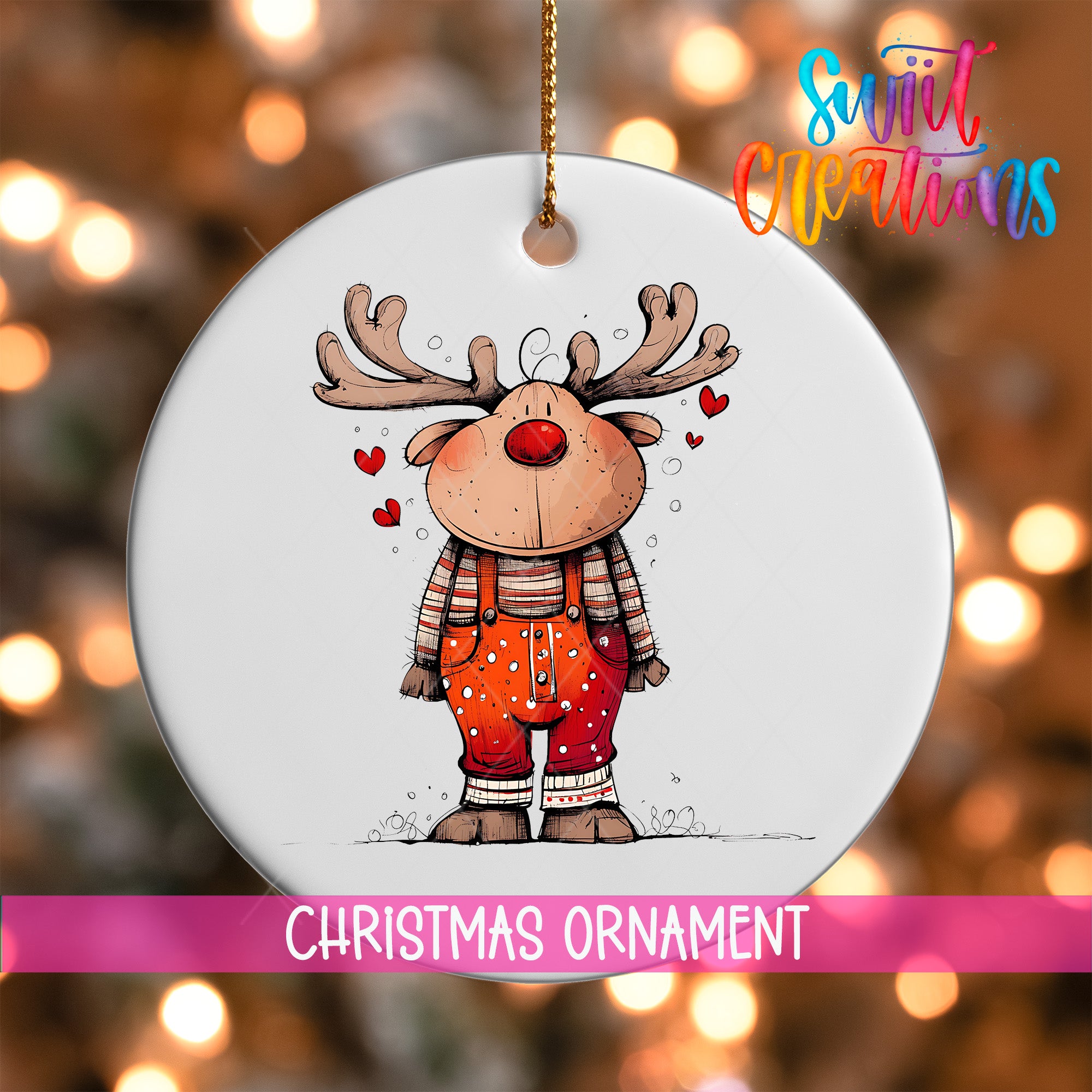 A white Christmas ornament featuring a cartoon reindeer with antlers and a red nose, surrounded by hearts.