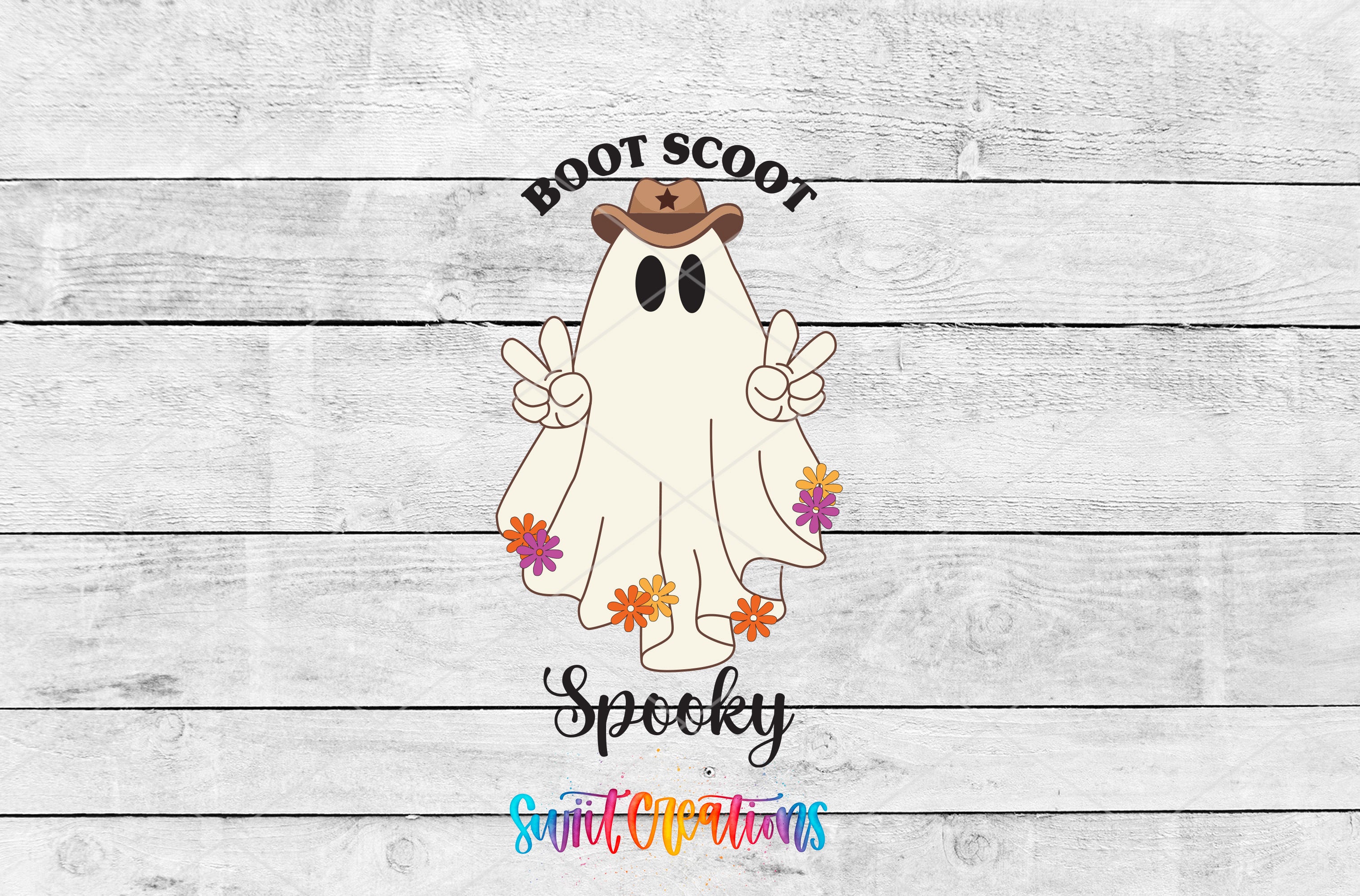 A cartoon ghost character wearing a cowboy hat and holding peace signs, with the text "Boots Scoot Spooky" written above it.