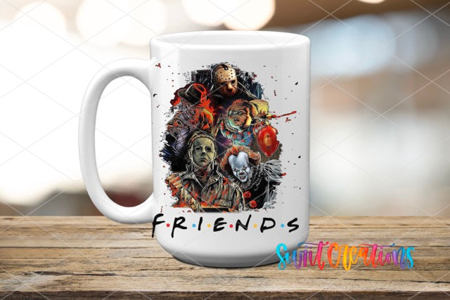a white coffee mug with the words friends on it