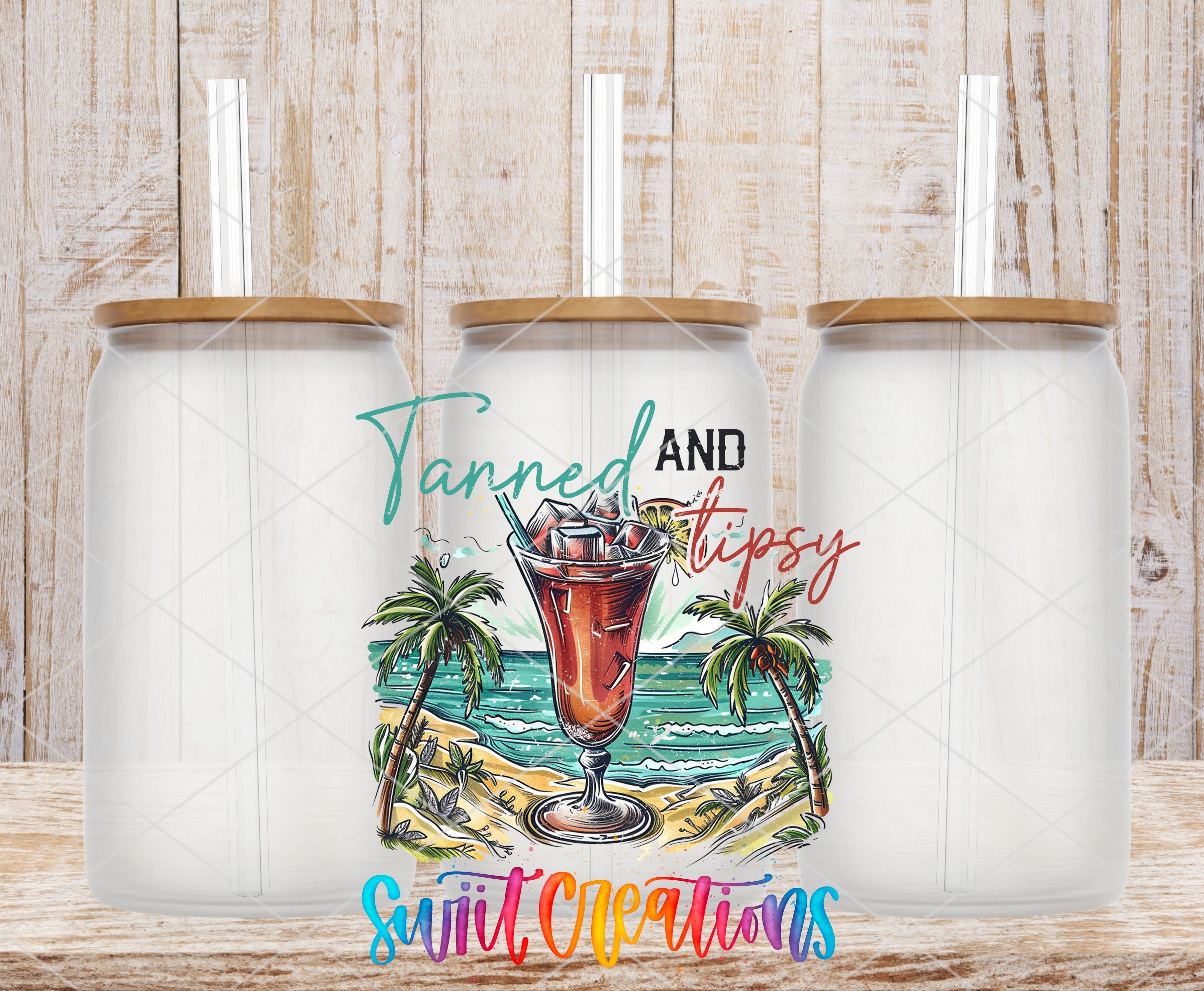 three glass tumblers with straws, each containing a colorful drink. The tumblers are set against a wooden background, and there is a tropical beach scene depicted in the center of the image.
