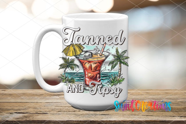 a white coffee mug with a picture of a drink on it