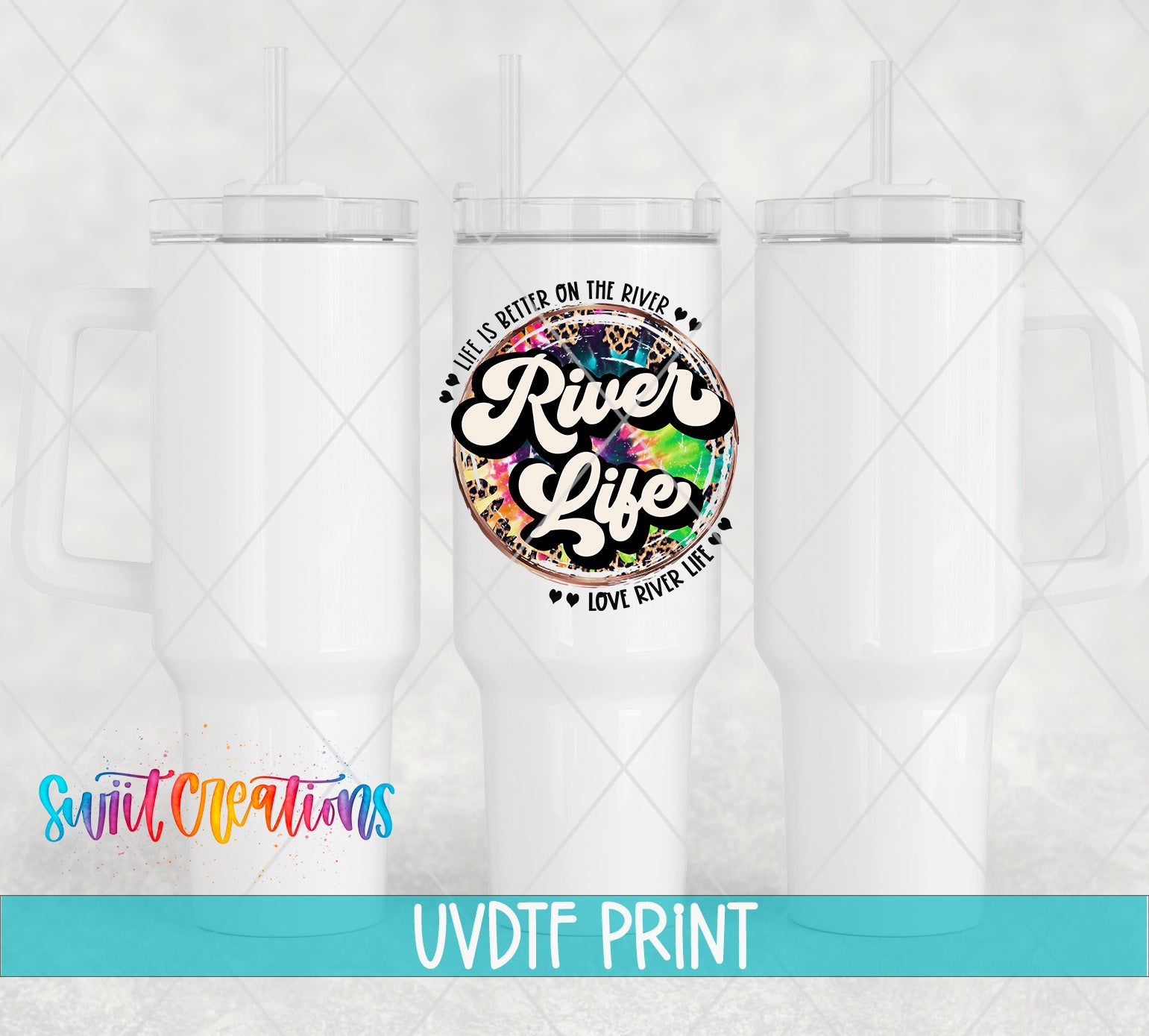 three white tumblers with the words river vibe on them