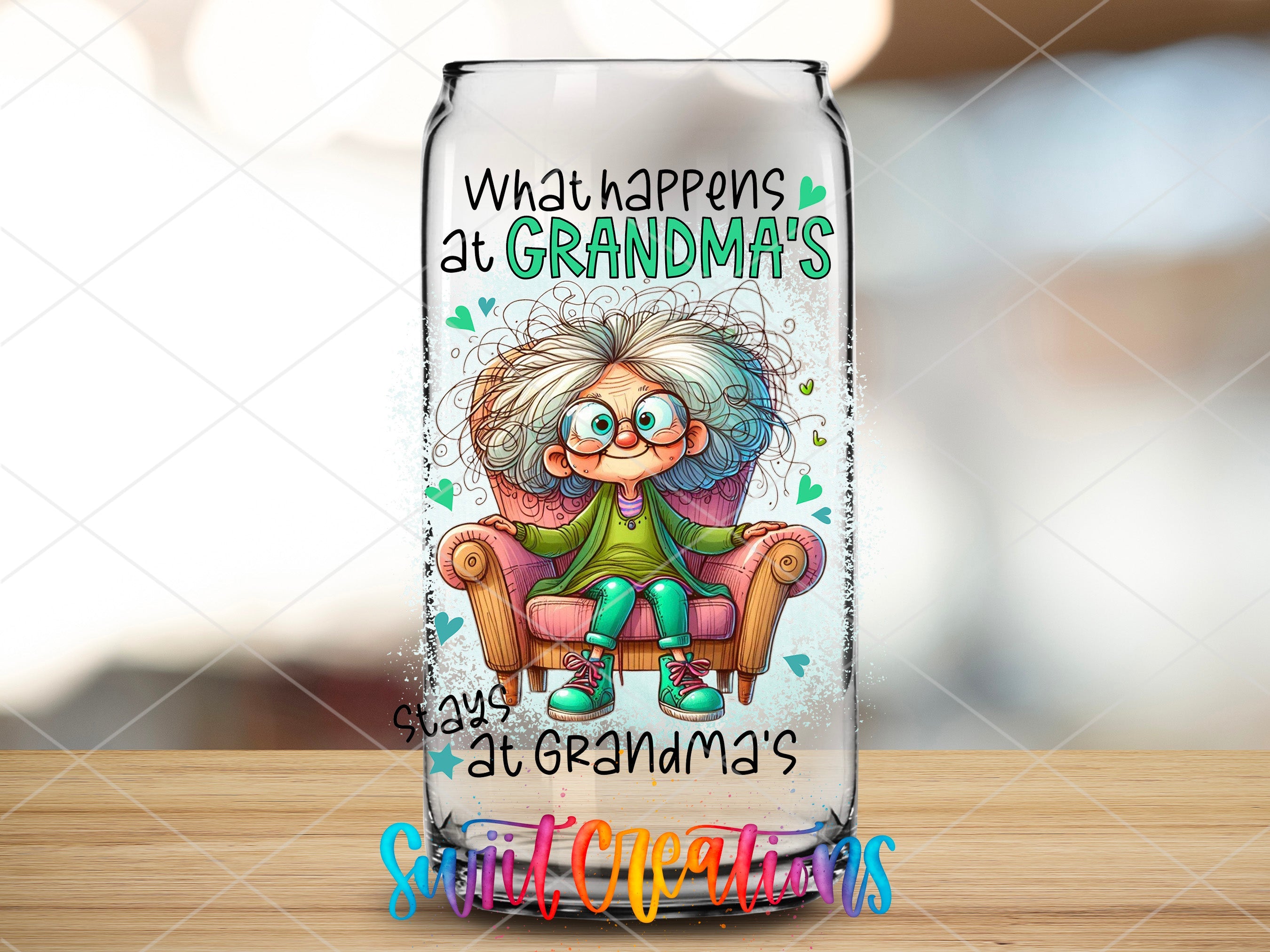 a glass bottle with a picture of an old woman sitting on a chair