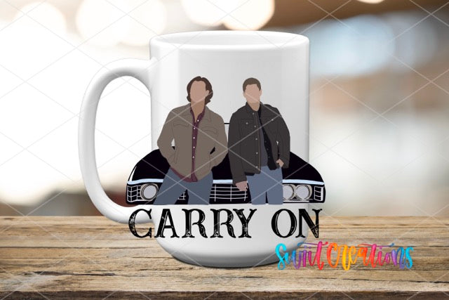 a coffee mug with a picture of two men sitting on a car