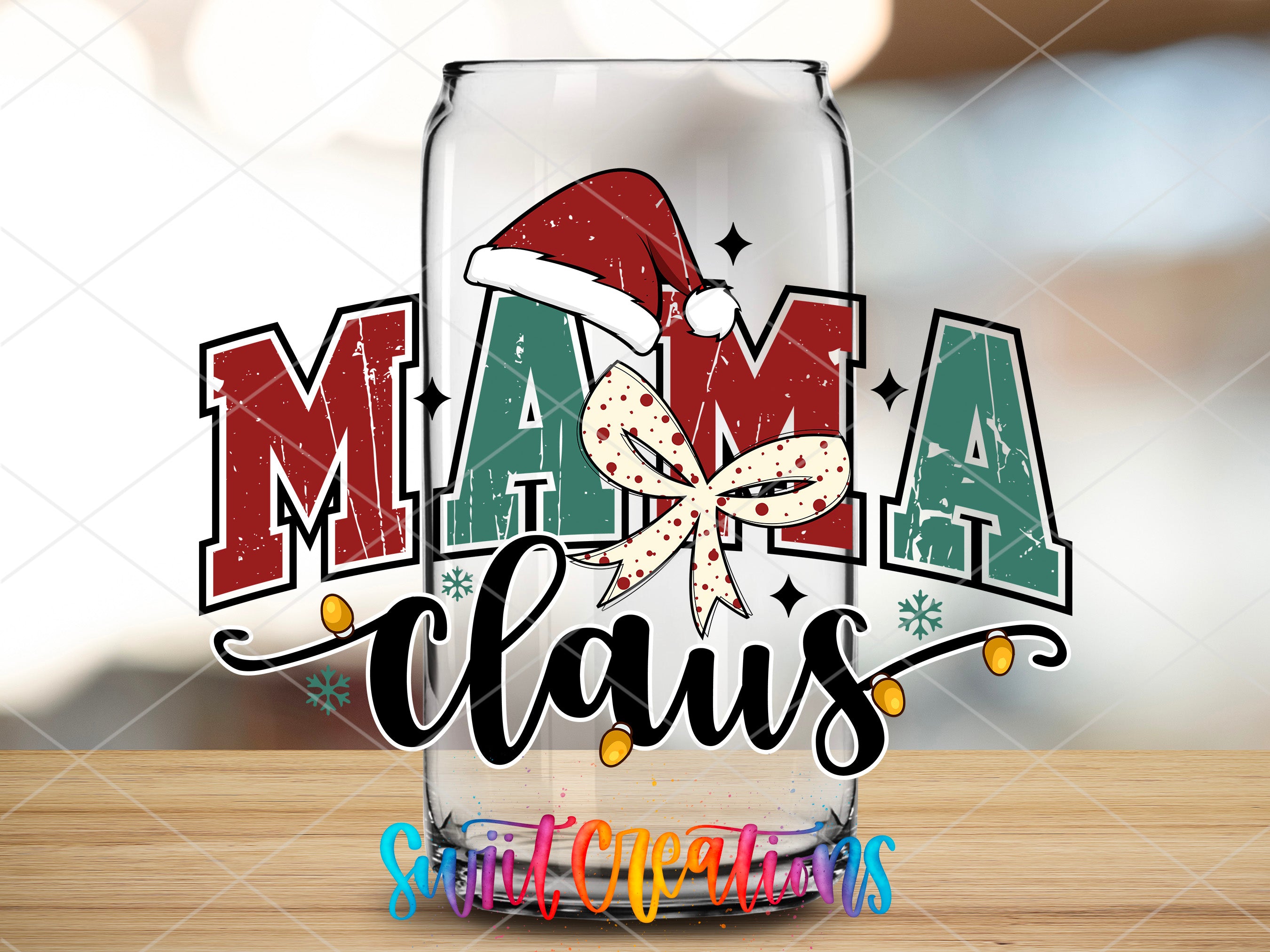 a glass with a santa hat on top of it