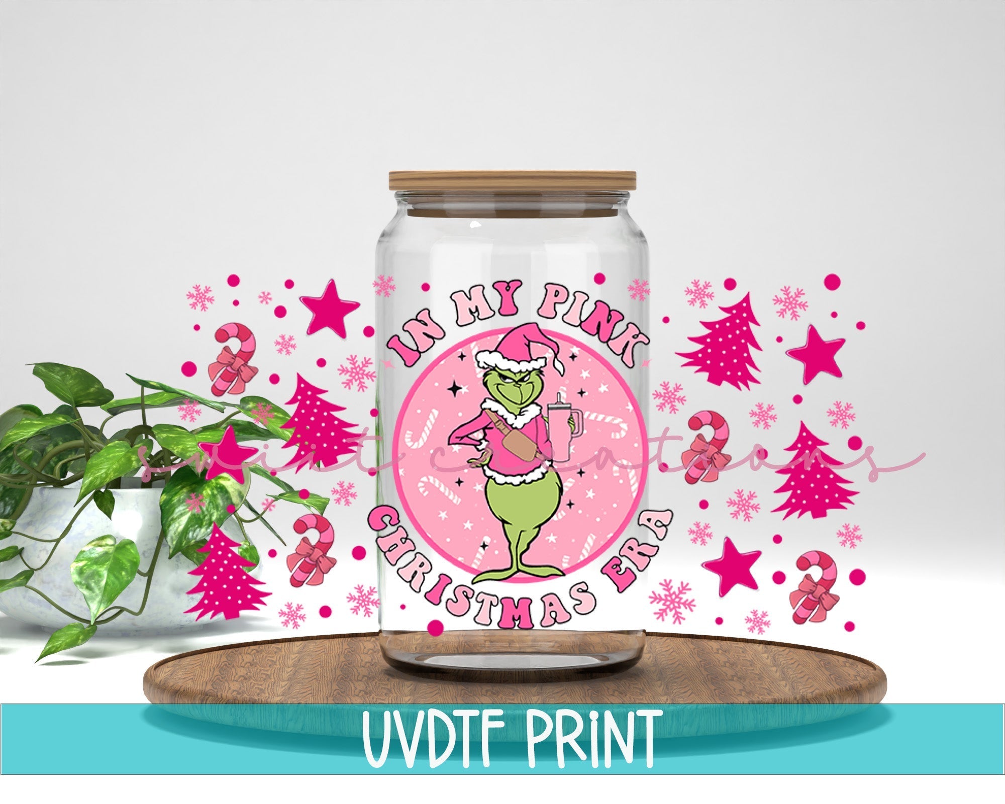 a glass jar with a pink sticker on it