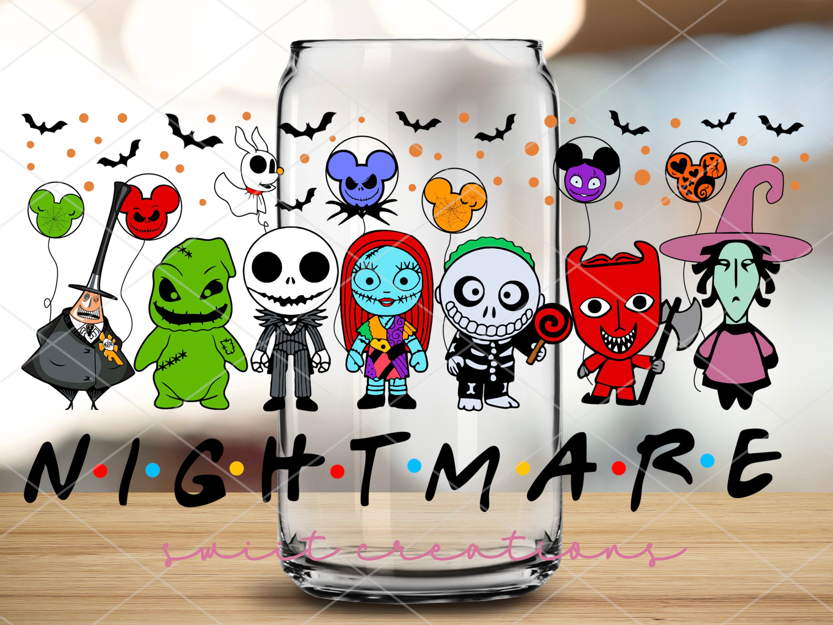 a glass with some cartoon characters on it