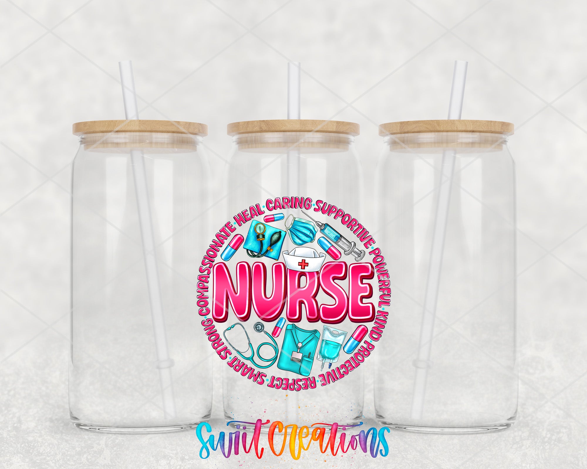 two clear plastic cups with wooden lids and wooden lids with the word nurse printed on