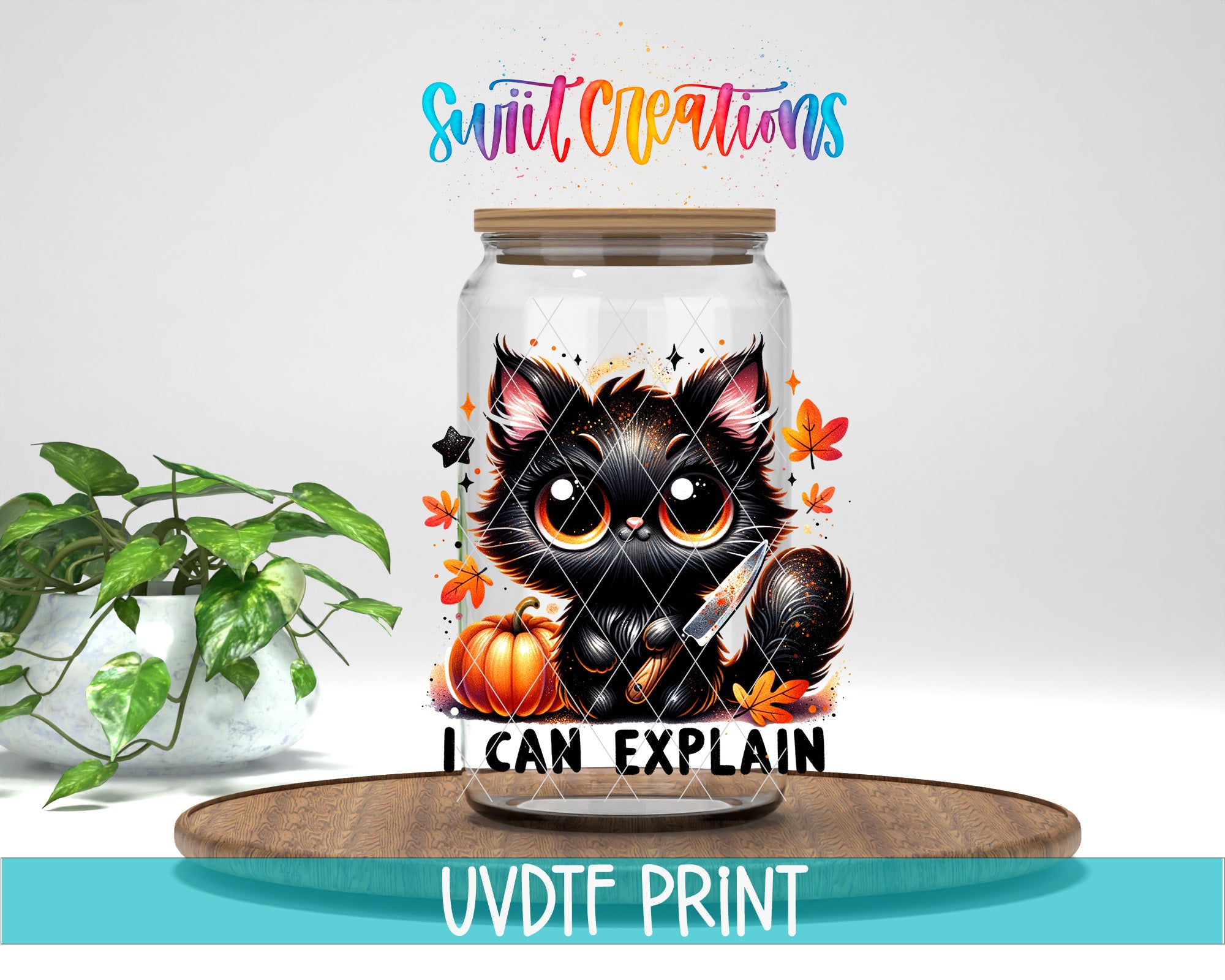 A glass jar with a black cat illustration and a pumpkin inside, placed on a wooden surface. The jar has a lid and is surrounded by colorful autumn leaves and a plant. The text "Swift Creations" is written above the jar, and "I CAN EXPLAIN" is written below it.