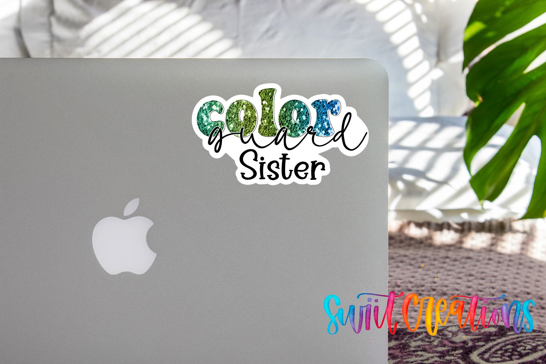 a sticker with the text "Color Sister" on the back of a silver laptop, with a plant and a patterned rug in the background.